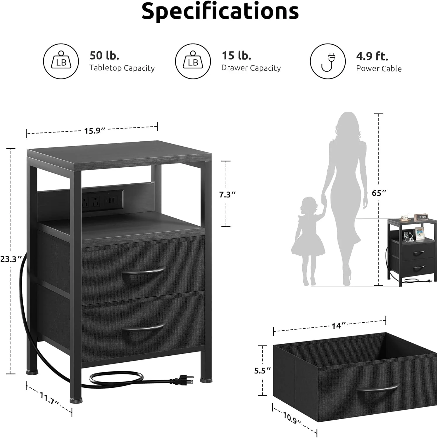 میز پاتختی شارژ دار کنار تخت خواب - میز کنار تختی با ایستگاه شارژ، میز مدرن کنار تخت با قفسه باز و 2 کشو پارچه ای، پورت های USB-C USB و پریزهای برق AC برای خوابگاه، مشکی