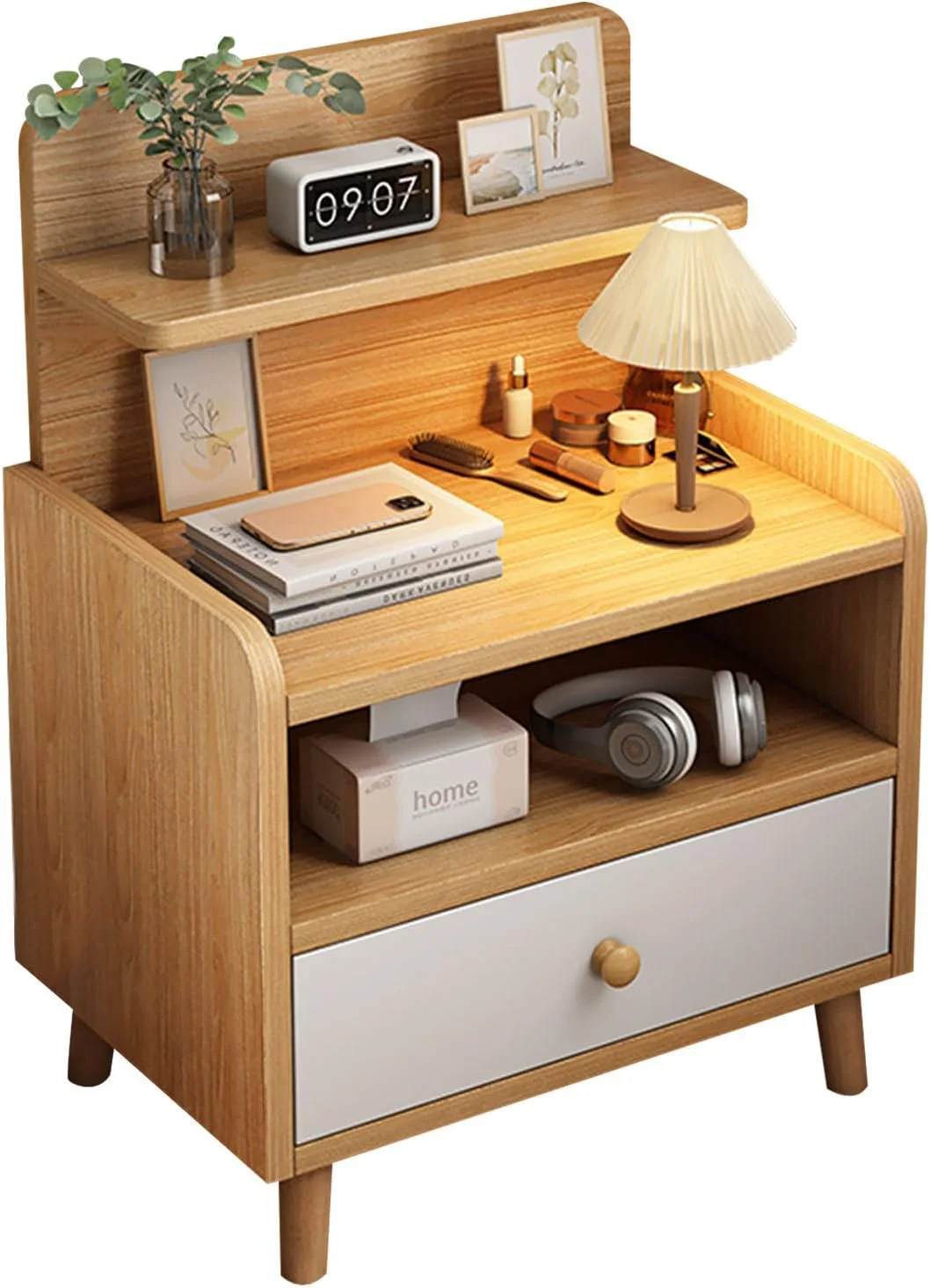 پاتختی، میز کنار تختی چوبی با کشو، قفسه نگهداری کابینت کنار تختی دو طبقه، قفسه نگهداری باز روی میز پهن شده برای اتاق خواب اتاق نشیمن (رنگ چوب)