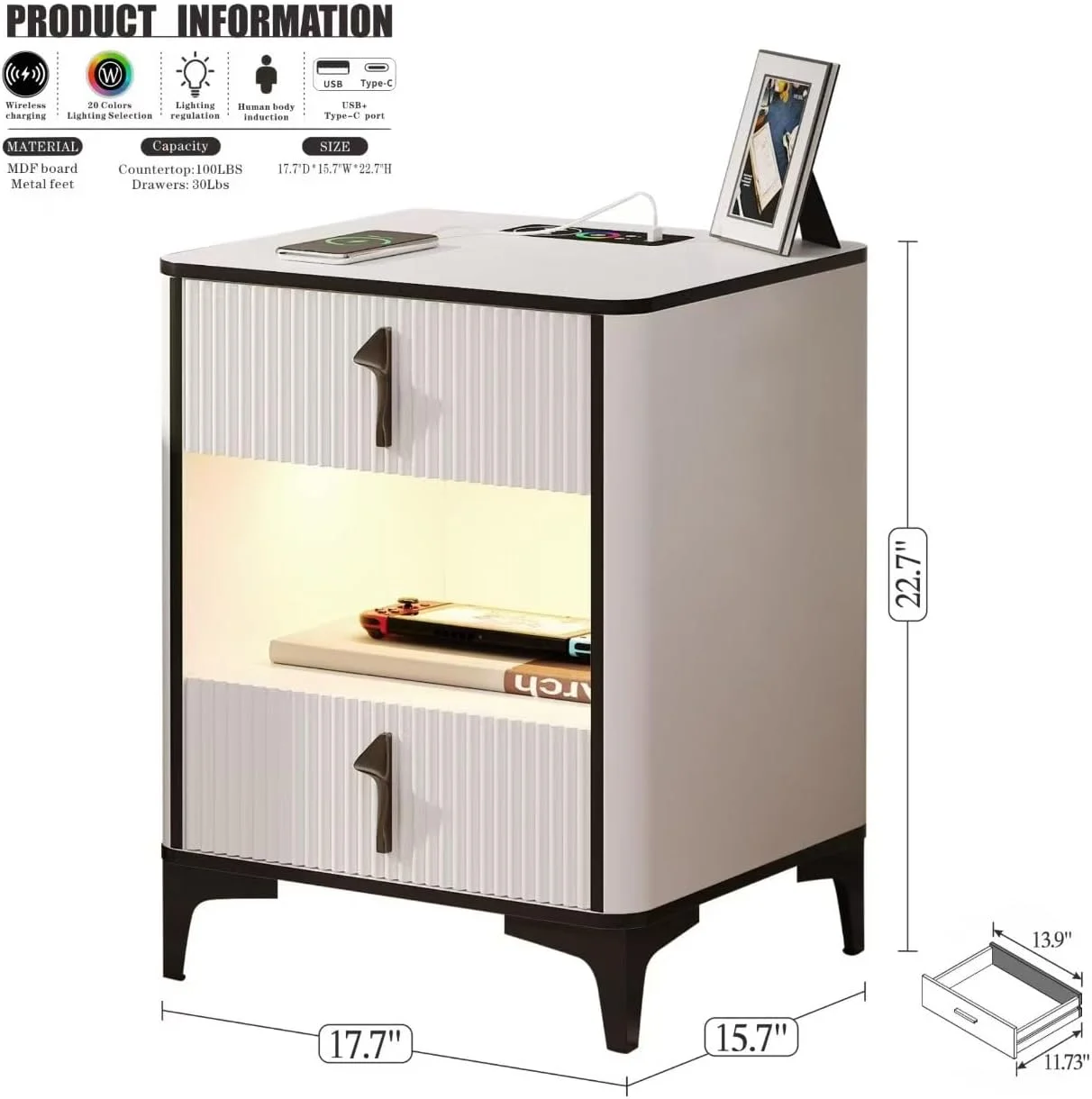 میز پاتختی هوشمند با شارژر بی‌سیم و چراغ LED حسگر حرکتی، دارای 2 کشو، میز کنار تختی مدرن با پورت USB و Type-C برای اتاق نشیمن، اتاق خواب، دفتر کار، مدل 9190 (سفید)