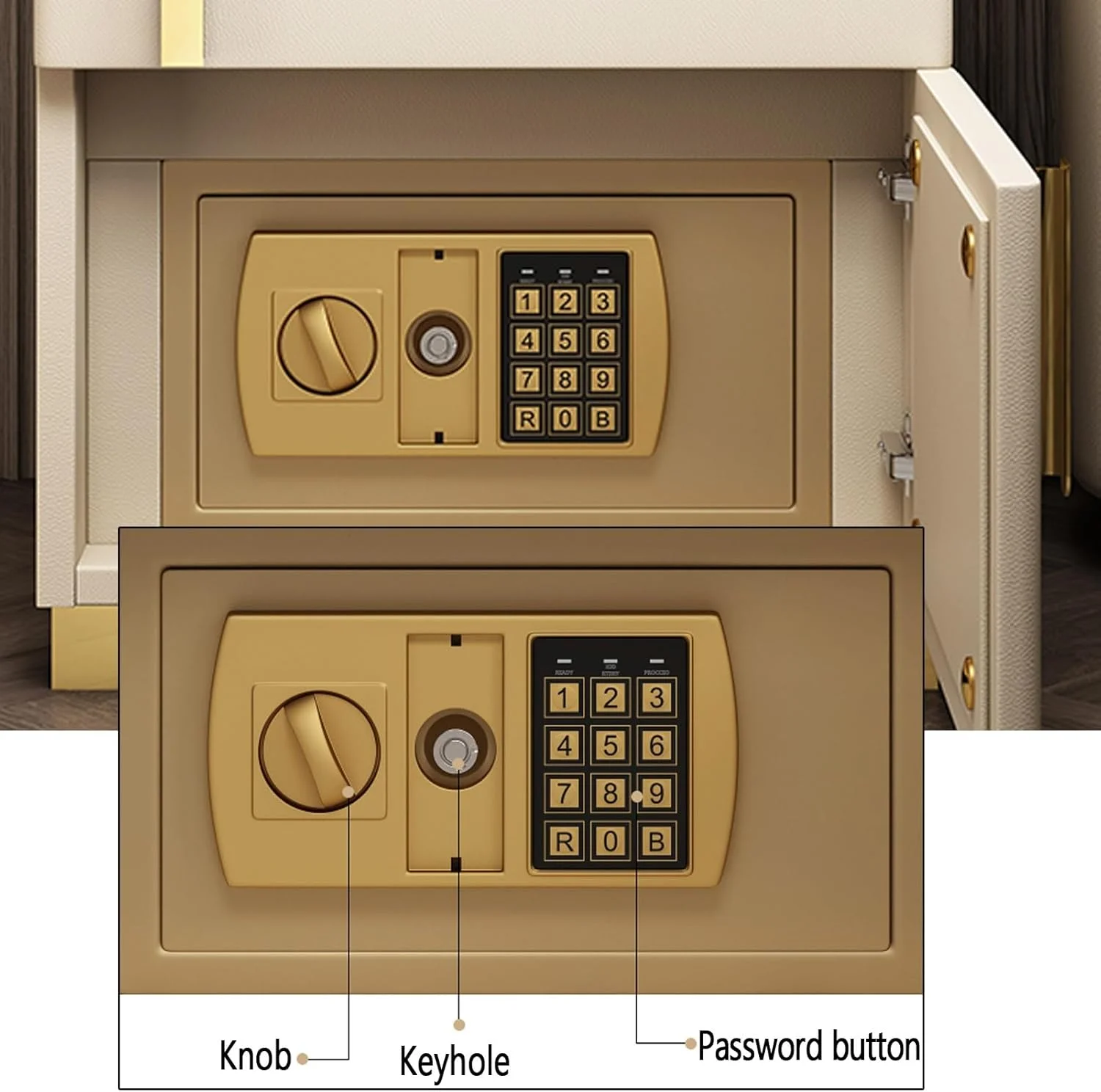 پاتختی هوشمند با گاوصندوق مخفی، میز کنار تختی با ایستگاه شارژ و پورت های USB/Type-C، نور شب LED با روشنایی قابل تنظیم، رویه شیشه ای تمپر شده (رنگ: خاکستری تیره، اندازه: 40x40x50 سانتی متر)