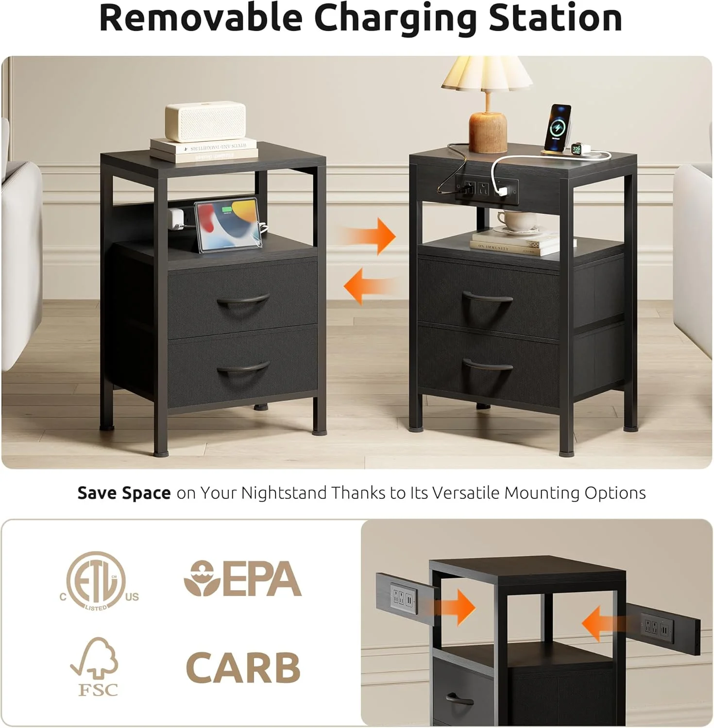 میز پاتختی شارژ دار کنار تخت خواب - میز کنار تختی با ایستگاه شارژ، میز مدرن کنار تخت با قفسه باز و 2 کشو پارچه ای، پورت های USB-C USB و پریزهای برق AC برای خوابگاه، مشکی