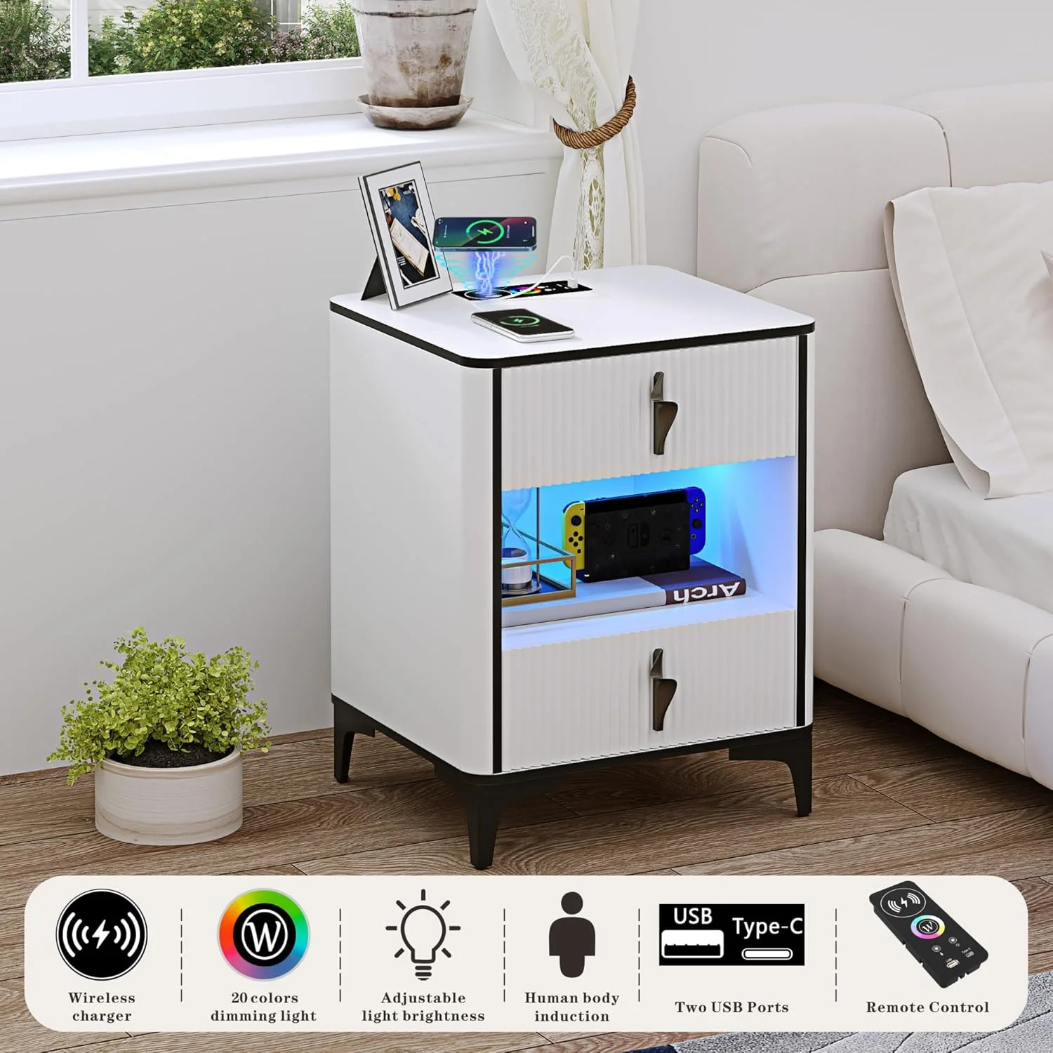 میز پاتختی هوشمند با شارژر بی‌سیم و چراغ LED حسگر حرکتی، دارای 2 کشو، میز کنار تختی مدرن با پورت USB و Type-C برای اتاق نشیمن، اتاق خواب، دفتر کار، مدل 9190 (سفید)