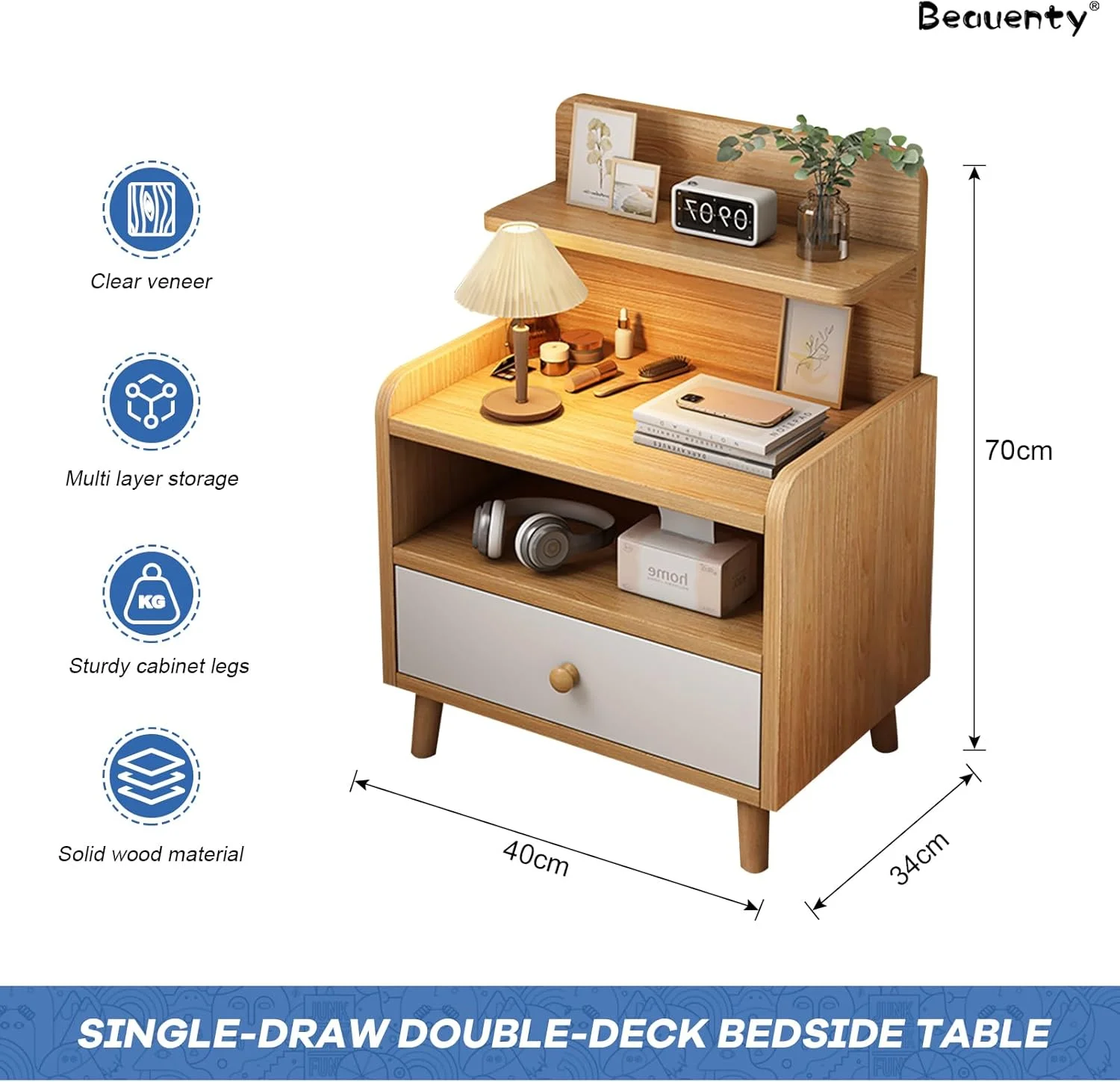 پاتختی، میز کنار تختی چوبی با کشو، قفسه نگهداری کابینت کنار تختی دو طبقه، قفسه نگهداری باز روی میز پهن شده برای اتاق خواب اتاق نشیمن (رنگ چوب)