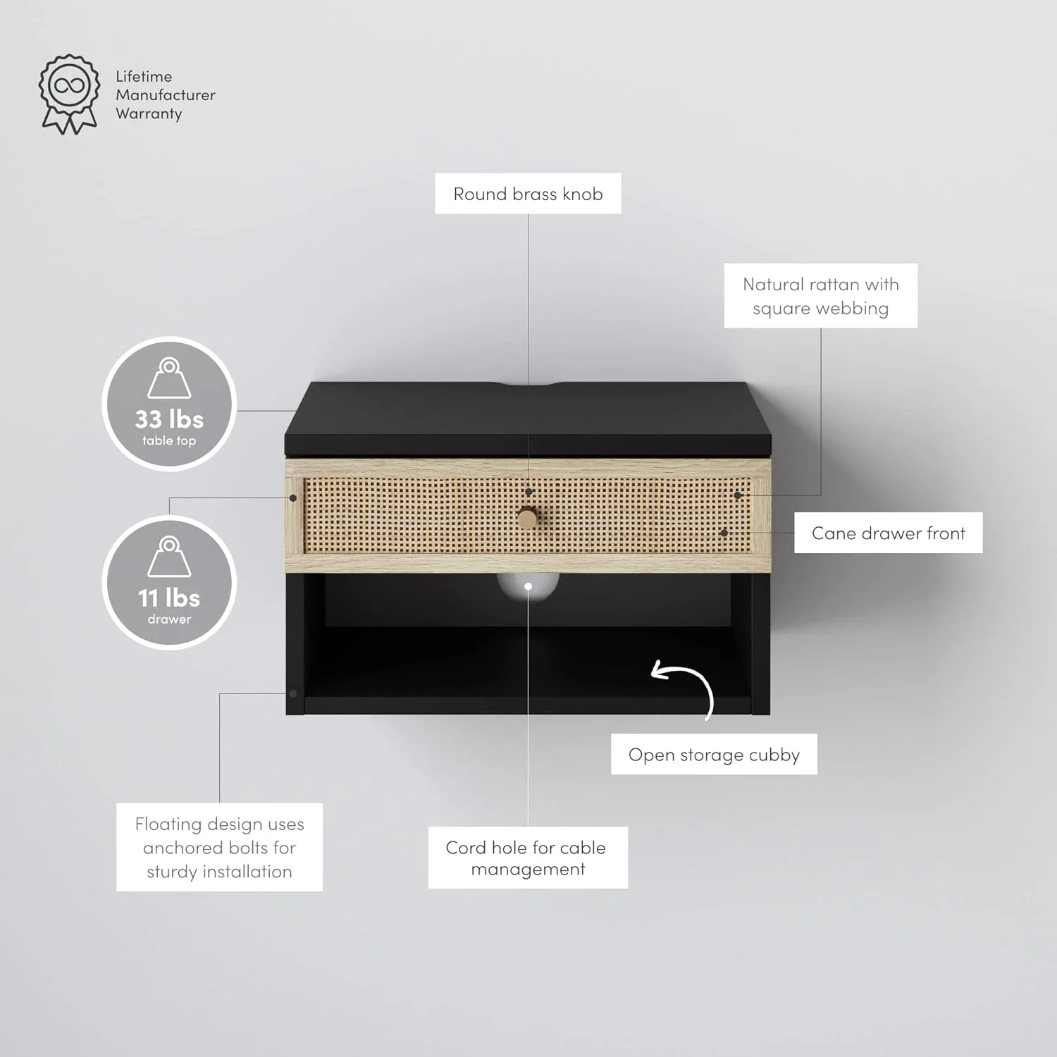 میز کنار تختی شناور مدرن ناتان جیمز جکسون با کشو، 1 عدد، مشکی/راتان میز کنار تختی شناور مدرن ناتان جیمز جکسون با کشو، 1 عدد، مشکی/راتان