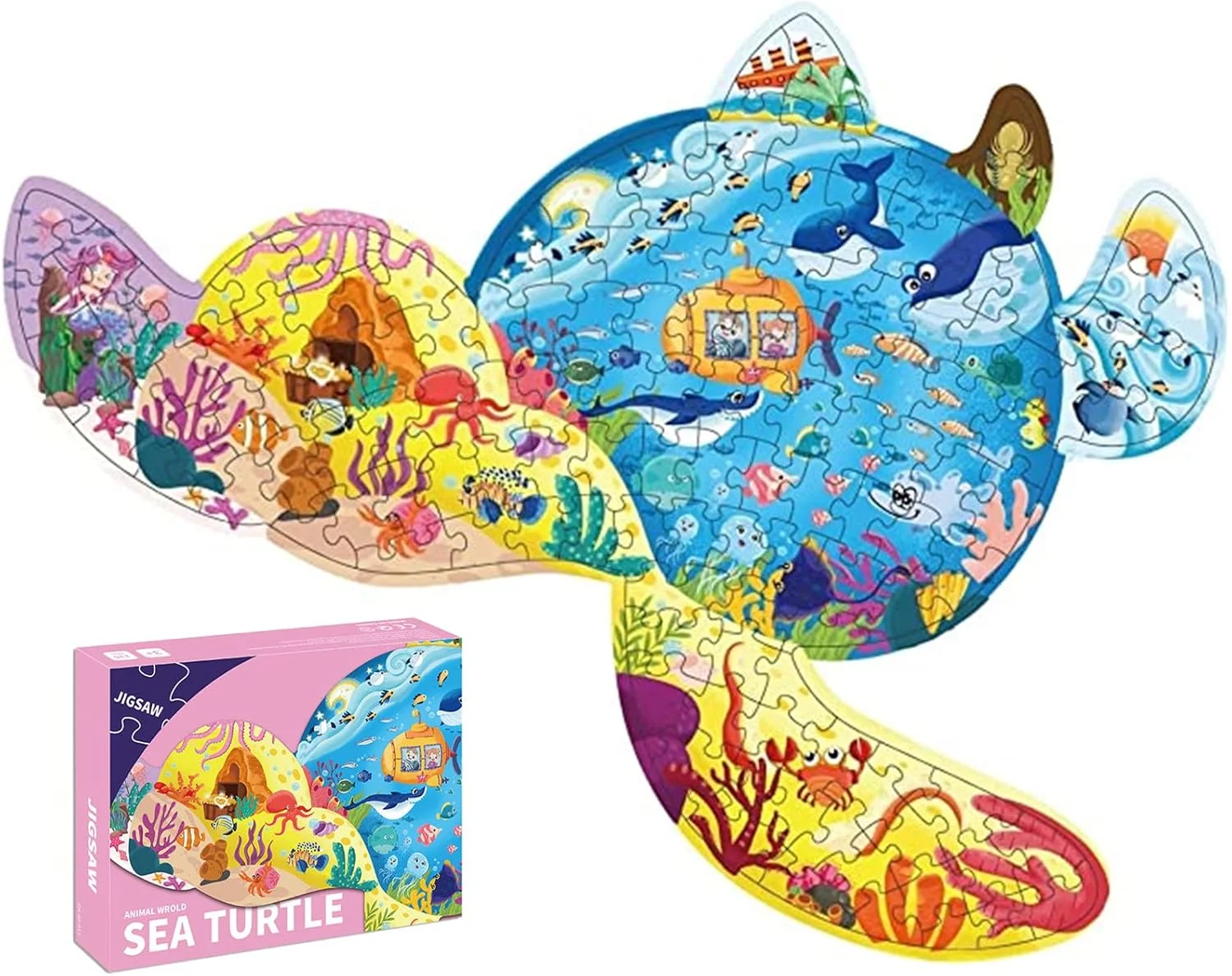 پازل های اره منبت کاری اَم آنا برای کودکان 4-8 سال، 8-10 سال، پازل های جالب لاک پشت های دریایی به شکل اسباب بازی های آموزشی و سرگرم کننده برای پسران و دختران (لاک پشت های دریایی 136 قطعه)