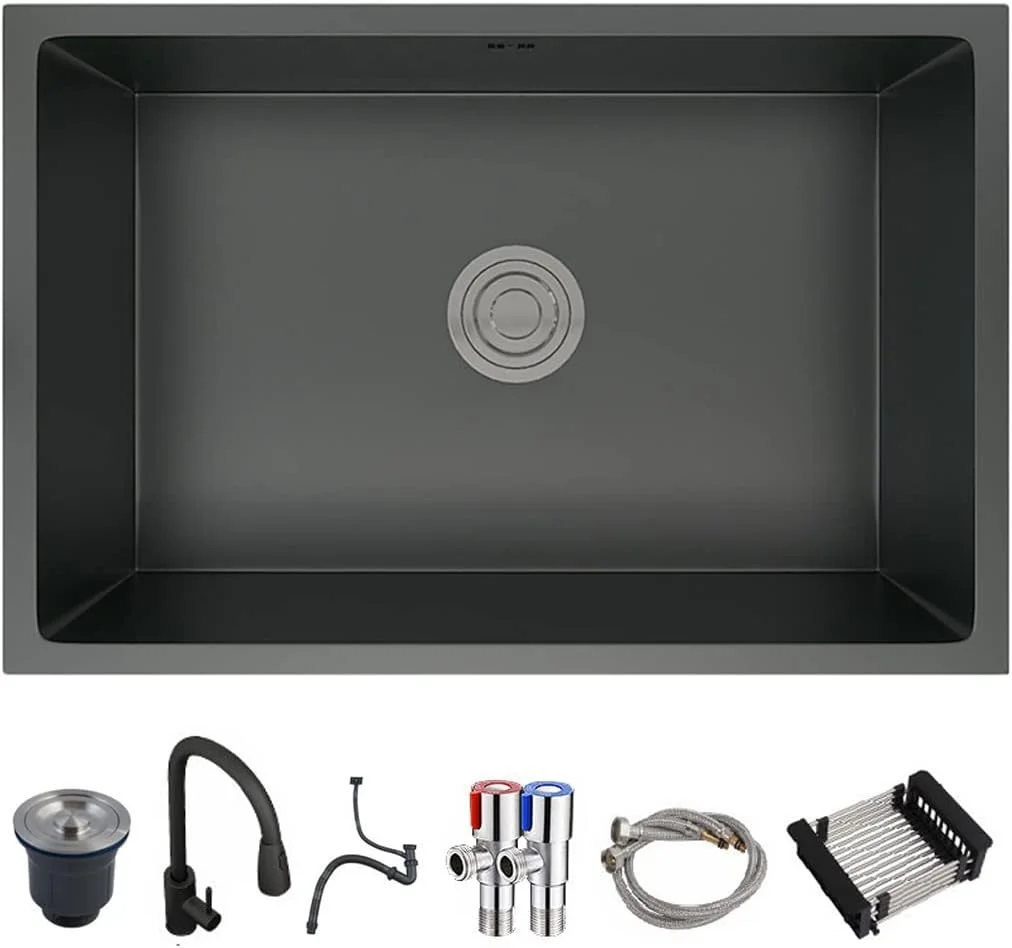 سینک ظرفشویی، سینک ظرفشویی استیل ضد زنگ با شیر آب تاشو، سینک با ظرفیت بالا، سینک ظرفشویی بی صدا برای استفاده در فضای داخلی و خارجی (رنگ: مشکی، سایز: 60x40 سانتی متر)
