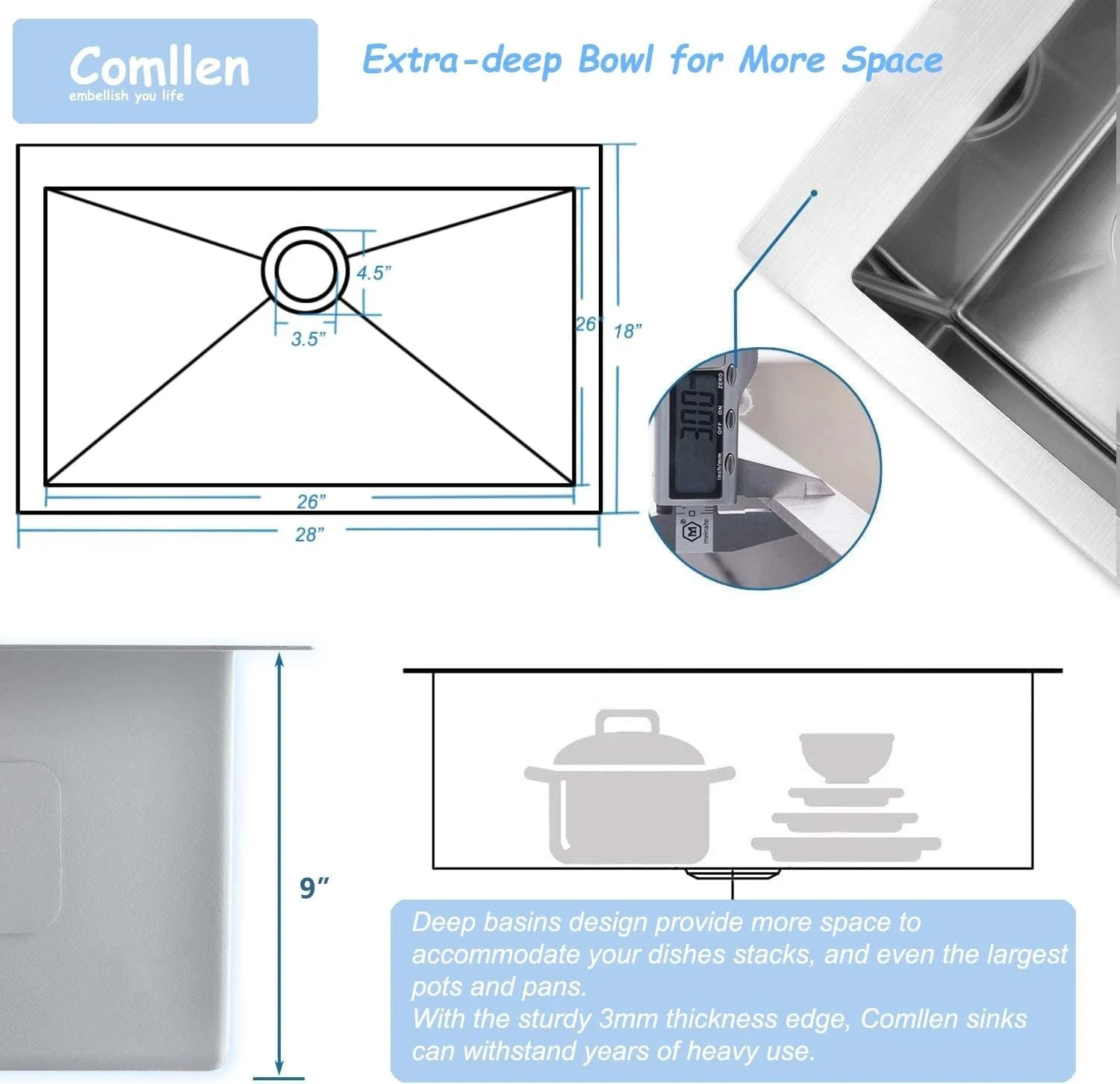 سینک ظرفشویی زیرکابینتی کاملن 28 اینچی، سینک ظرفشویی استیل ضد زنگ گیج 18 زیرکابینتی 28x18 اینچی، سینک تک لگنه عمیق نیکل برس خورده مناسب RV، رختشویی و مصارف کاربردی