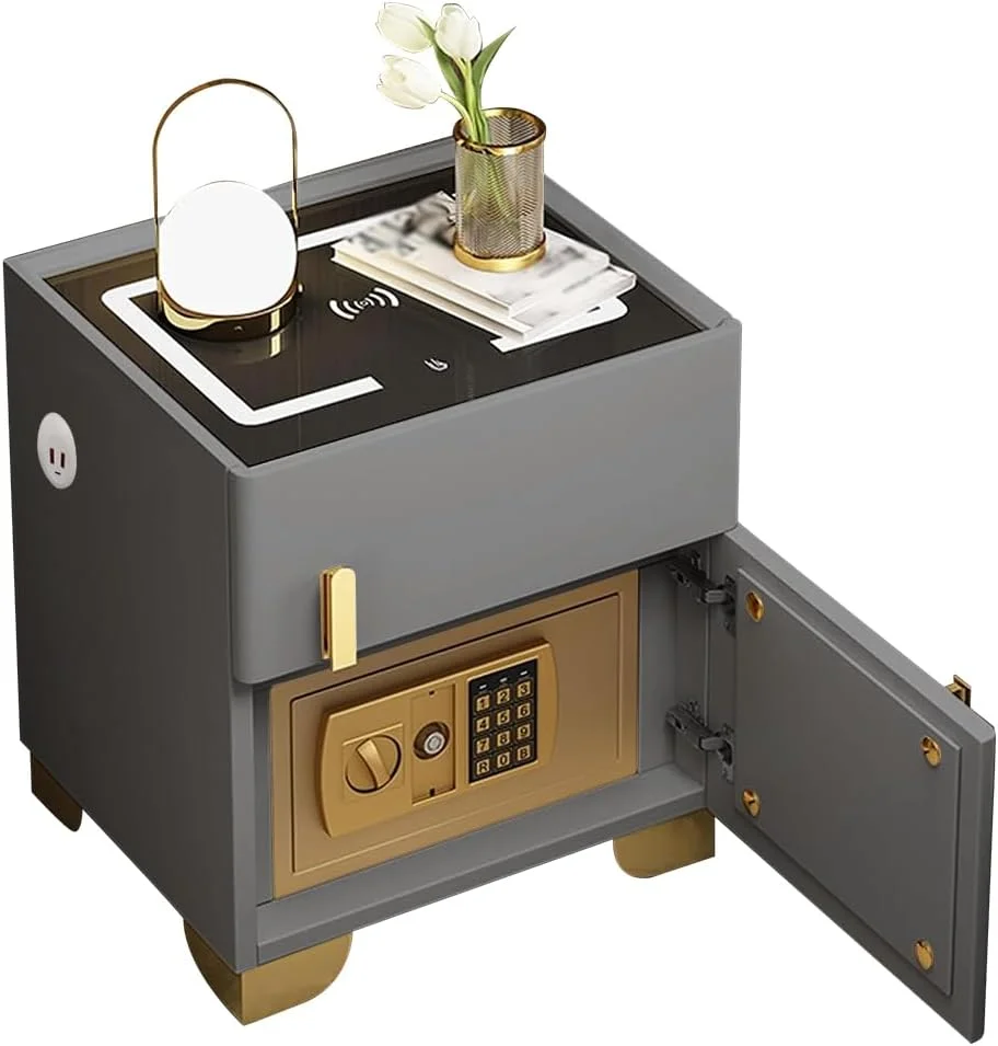 میز پاتختی هوشمند QXRSOP، کابینت کنار تخت خواب با گاوصندوق مخفی، میز کنار تختی با ایستگاه شارژ و پورت های USB/Type-C، رویه شیشه ای حرارت دیده، کمدهای دارای نور 3 رنگ برای اتاق خواب و اتاق نشیمن