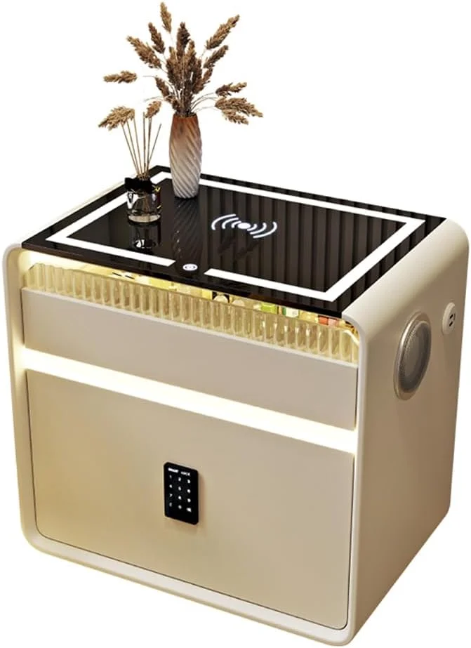 میز کنار تختی چند منظوره سه کشو با نورپردازی LED، شارژ بی سیم، قفل رمز عبور، بلندگو و پورت USB