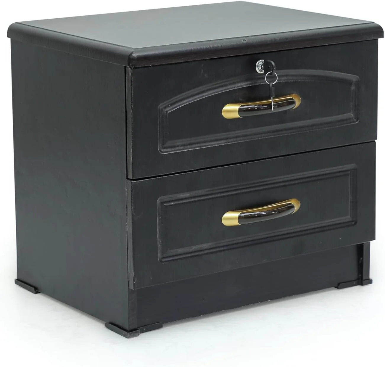 میز کنار تختی چوبی مشکی Multi Home Furniture با 2 کشو، سطح صاف و محل نگهداری وسایل، میز کنار مبلی مدرن برای اتاق نشیمن - میز کنار تخت جمع و جور برای مبلمان اتاق خواب با کلید قفل کشوها