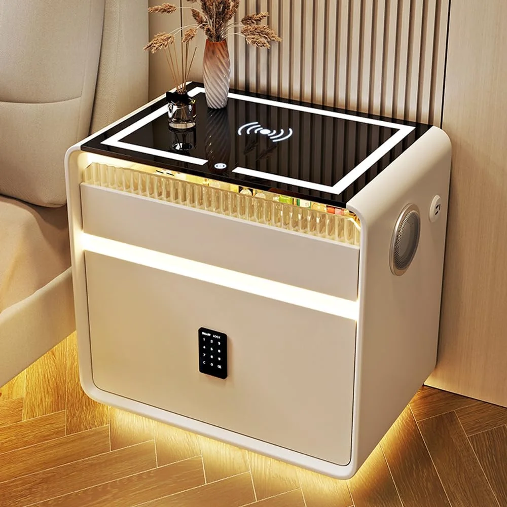 میز کنار تختی چند منظوره سه کشو با نورپردازی LED، شارژ بی سیم، قفل رمز عبور، بلندگو و پورت USB