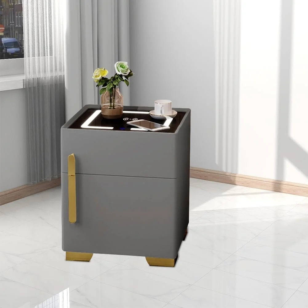 میز پاتختی هوشمند QXRSOP، کابینت کنار تخت خواب با گاوصندوق مخفی، میز کنار تختی با ایستگاه شارژ و پورت های USB/Type-C، رویه شیشه ای حرارت دیده، کمدهای دارای نور 3 رنگ برای اتاق خواب و اتاق نشیمن