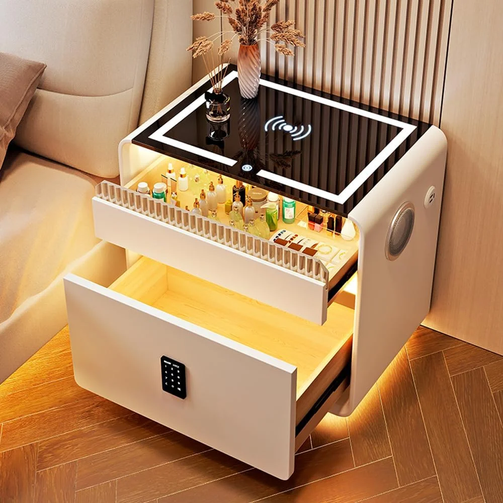 میز کنار تختی چند منظوره سه کشو با نورپردازی LED، شارژ بی سیم، قفل رمز عبور، بلندگو و پورت USB