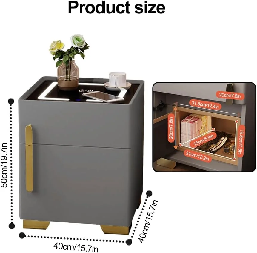 میز پاتختی هوشمند QXRSOP، کابینت کنار تخت خواب با گاوصندوق مخفی، میز کنار تختی با ایستگاه شارژ و پورت های USB/Type-C، رویه شیشه ای حرارت دیده، کمدهای دارای نور 3 رنگ برای اتاق خواب و اتاق نشیمن