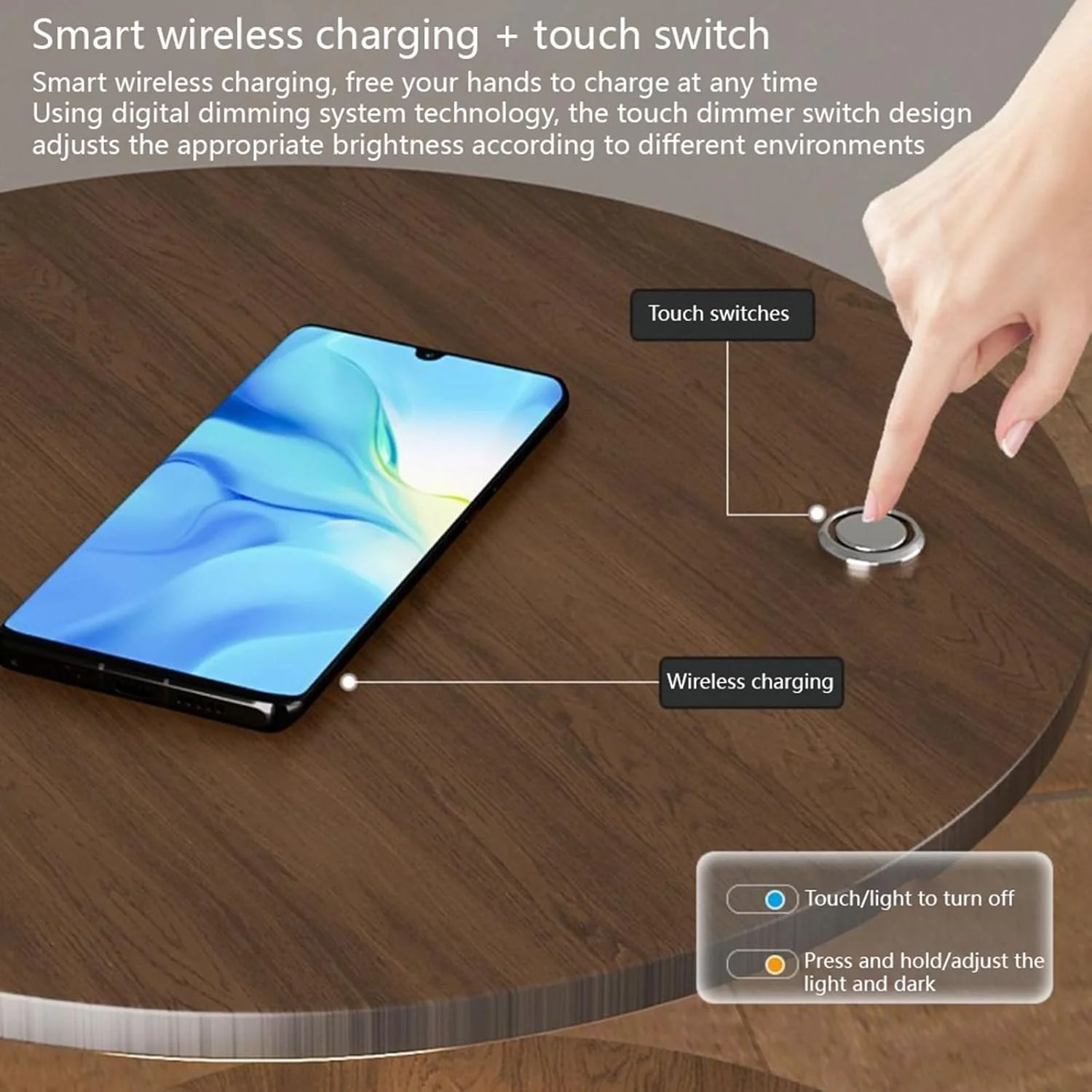 میز کنار تختی چند منظوره، میز کنار مبلی، چراغ ایستاده خلاقانه + شارژ بی سیم + کلید لمسی، مناسب اتاق خواب، اتاق نشیمن، کنار مبل (دارای کشو)