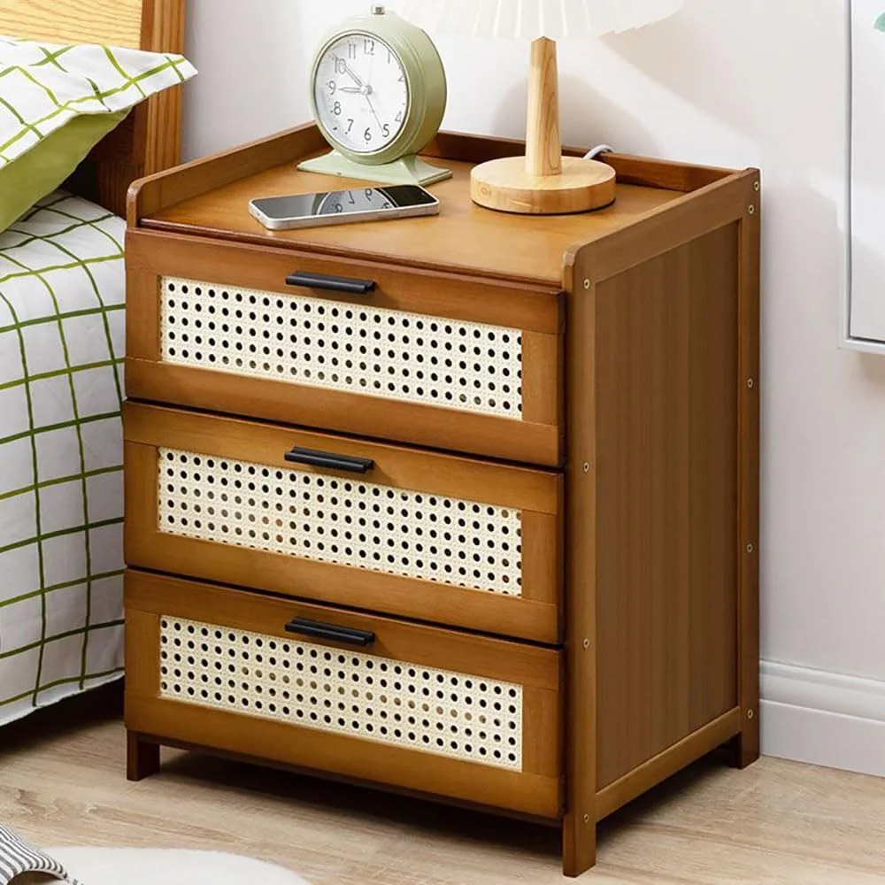 میز کنار تختی ساده مومو بر، میز کنار تخت چوبی بامبو مدرن، کابینت کنار تخت، کمد کوچک با 3 کشو برای اتاق خواب، اتاق نشیمن، کنار تخت مبل (قهوه ای)