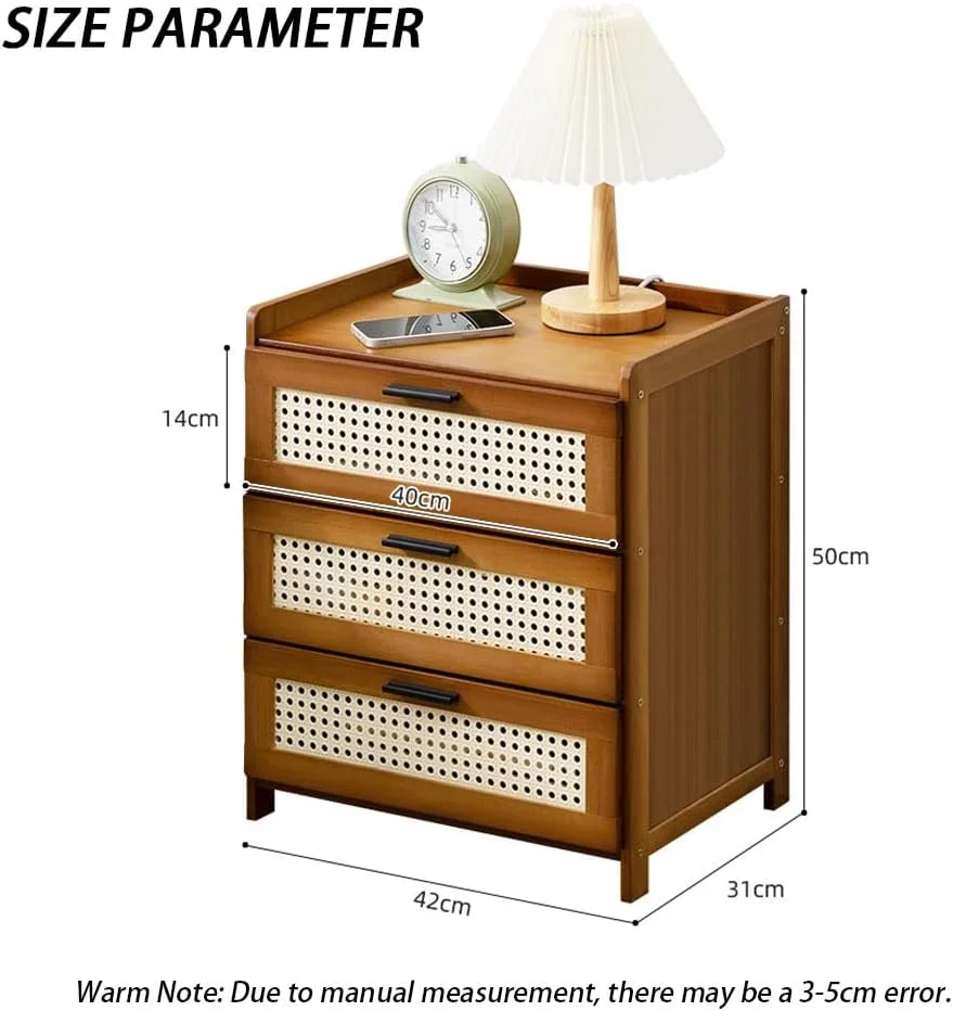 میز کنار تختی ساده مومو بر، میز کنار تخت چوبی بامبو مدرن، کابینت کنار تخت، کمد کوچک با 3 کشو برای اتاق خواب، اتاق نشیمن، کنار تخت مبل (قهوه ای)