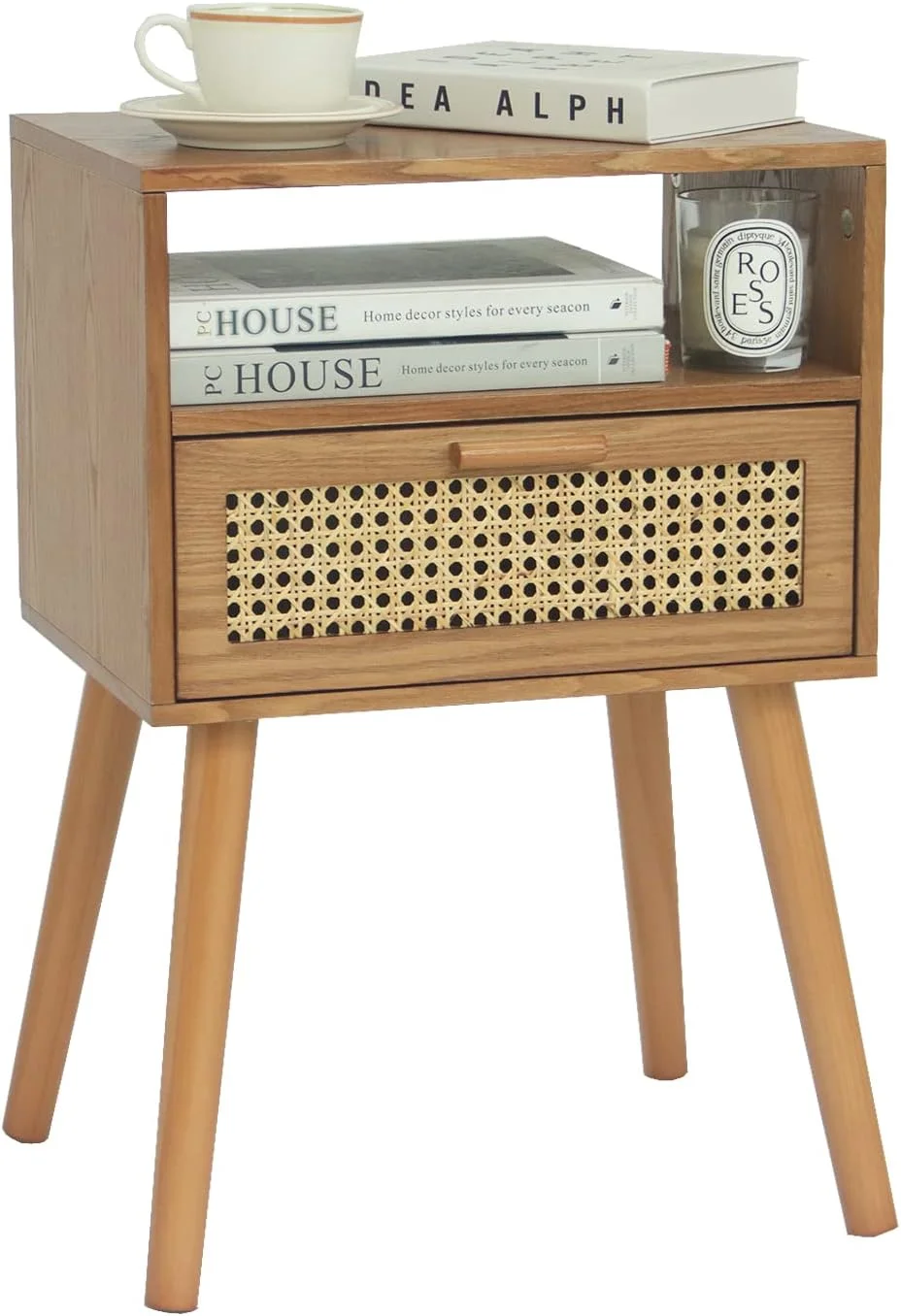 میز پاتختی راتان MaxSmeo با کشو، میز پاتختی کوچک، میزهای کنار تختی راتان مناسب اتاق خواب، میز پاتختی مدرن اواسط قرن برای اتاق نشیمن و فضاهای کوچک، (قهوه ای)