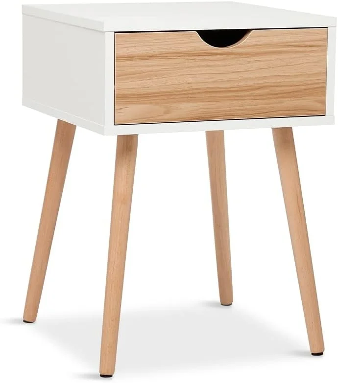 میز کنار تختی Mondeer Meerveil H1071ST01ME با کشو، سبک اسکاندیناوی، مناسب برای اتاق نشیمن، اتاق خواب، 40 x 40 x 56 سانتی متر، بلوط سفید