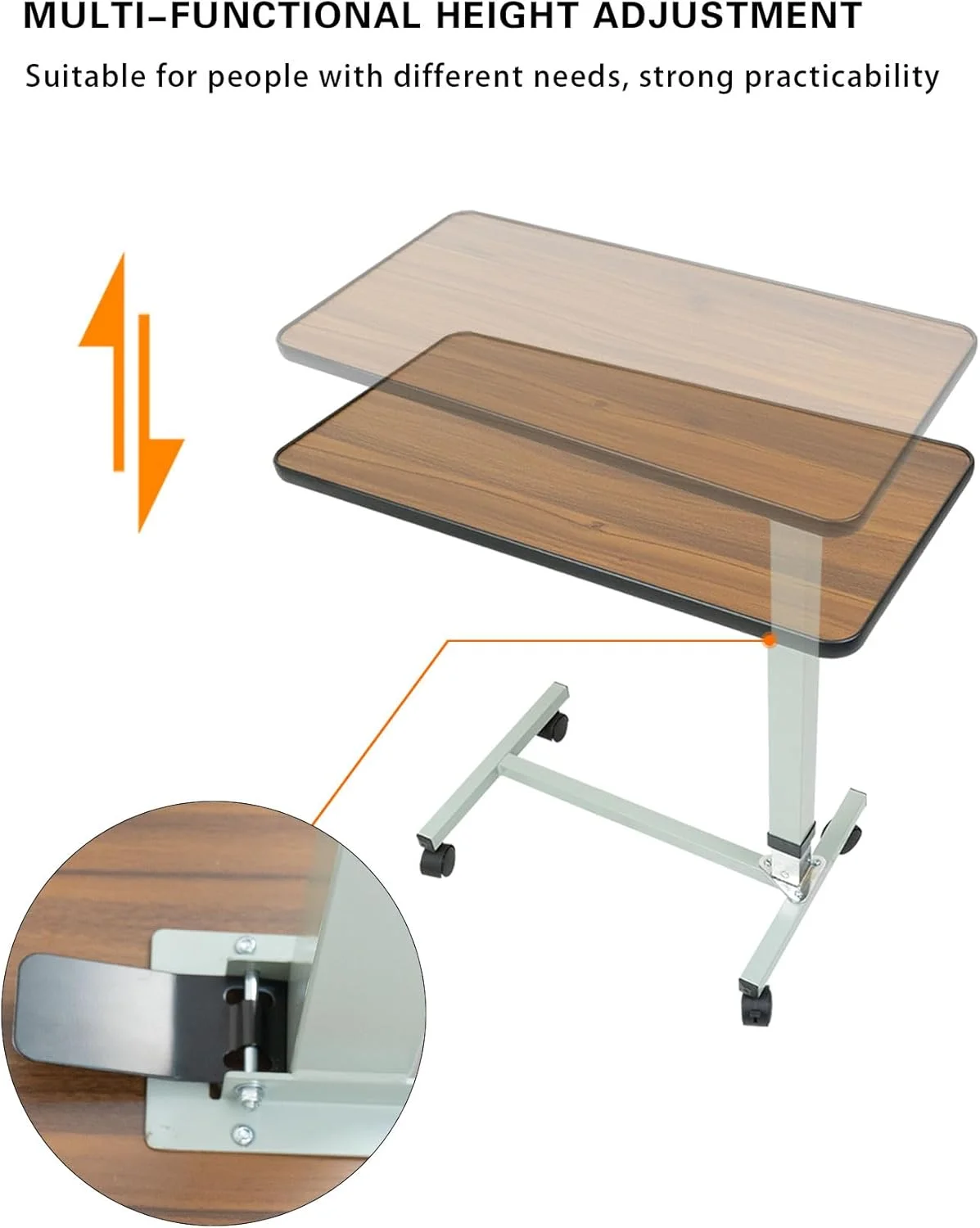 میز کنار تختی قابل تنظیم MEISHIDA - میز تخت بیمارستانی، سینی تخت برای غذا خوردن، بدون شیب، قاب فولادی، طرح چوب گردو، چرخ های گردان، ظرفیت 22 کیلوگرم میز کنار تختی قابل تنظیم MEISHIDA - میز تخت بیمارستانی، سینی تخت برای غذا خوردن، بدون شیب، قاب فولادی، طرح چوب گردو، چرخ های گردان، ظرفیت 22 کیلوگرم