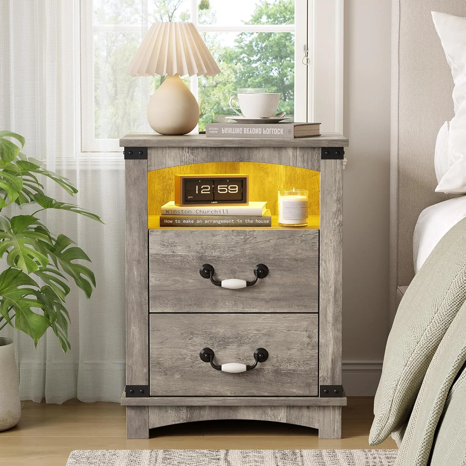 میز کنار تختی روستایی Maupvit با ایستگاه شارژ و دستگیره سرامیکی، میز کنار تخت چوبی با 2 کشو ذخیره سازی، میزهای عسلی LED اتاق نشیمن، میز کنار تخت برای اتاق خواب، خاکستری میز کنار تختی روستایی Maupvit با ایستگاه شارژ و دستگیره سرامیکی، میز کنار تخت چوبی با 2 کشو ذخیره سازی، میزهای عسلی LED اتاق نشیمن، میز کنار تخت برای اتاق خواب، خاکستری