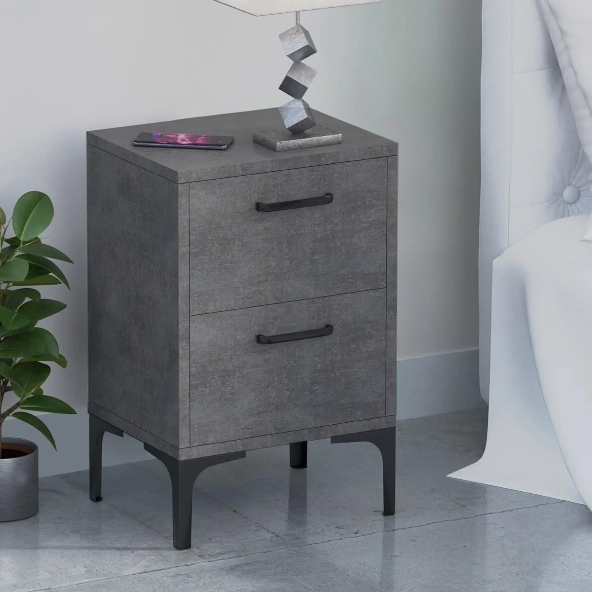 میز کنار تختی مدرن Mahmayi با 2 کشو برای اتاق نشیمن، اتاق خواب - پارچه فلزی آنتراسیت