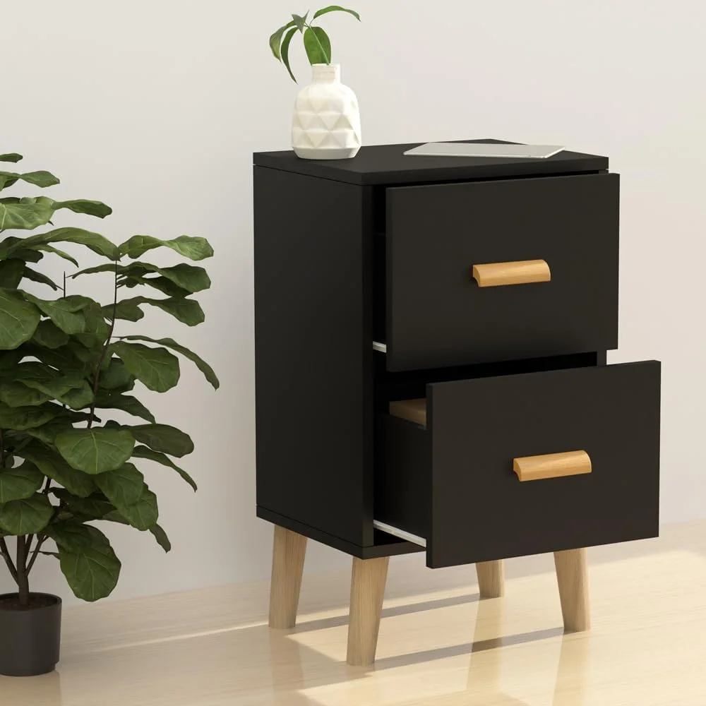 پاتختی چند منظوره مدرن Mahmayi مدل D، میز کنار تختی چوبی با یک/دو کشو، مناسب اتاق نشیمن و اتاق خواب (مشکی، دو کشو)