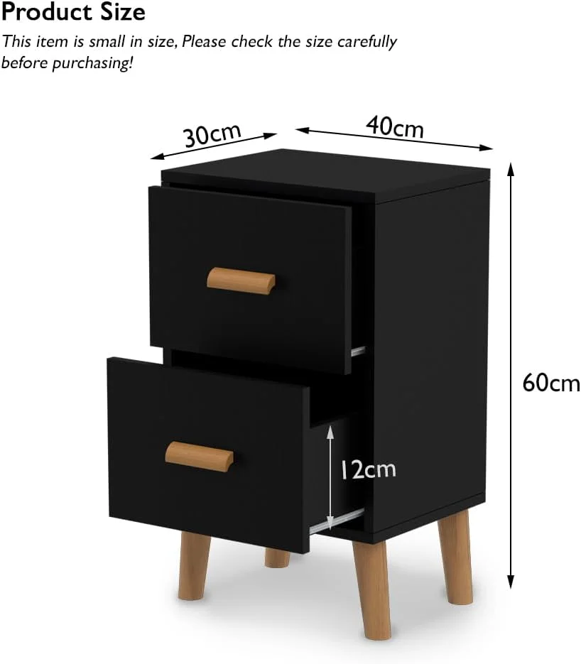 پاتختی چند منظوره مدرن Mahmayi مدل D، میز کنار تختی چوبی با یک/دو کشو، مناسب اتاق نشیمن و اتاق خواب (مشکی، دو کشو)