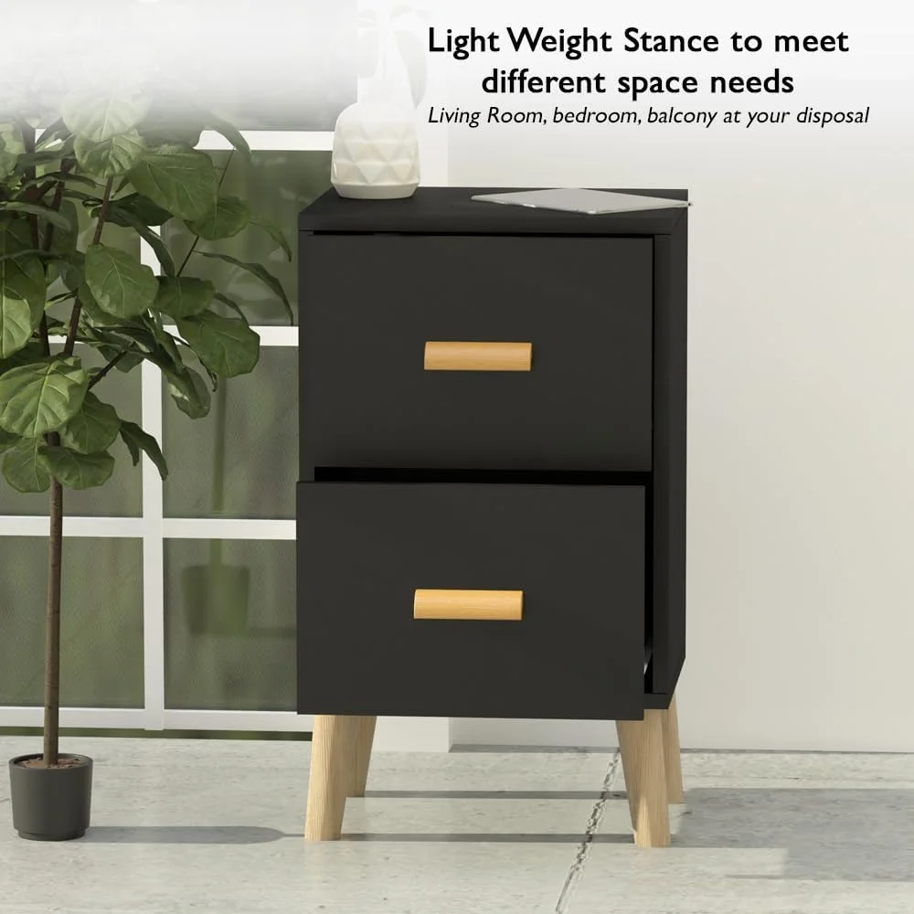 پاتختی چند منظوره مدرن Mahmayi مدل D، میز کنار تختی چوبی با یک/دو کشو، مناسب اتاق نشیمن و اتاق خواب (مشکی، دو کشو)