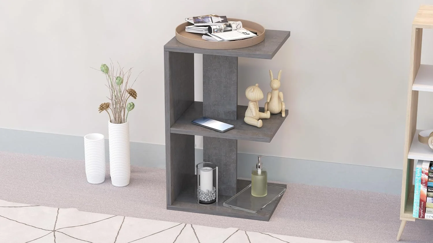 میز پاتختی مدرن طرح E ماه می، با 3 قفسه باز برای نگهداری وسایل، مناسب اتاق نشیمن و اتاق خواب - پارچه فلزی آنتراسیت میز پاتختی مدرن طرح E ماه می، با 3 قفسه باز برای نگهداری وسایل، مناسب اتاق نشیمن و اتاق خواب - پارچه فلزی آنتراسیت