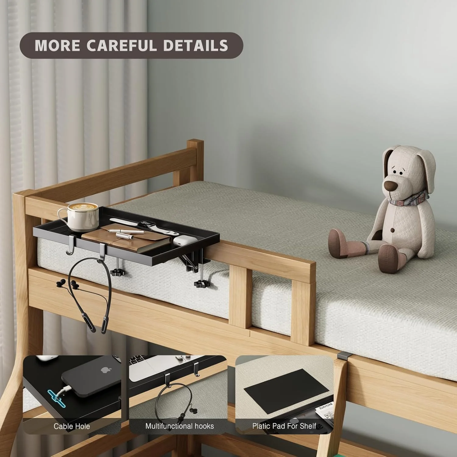 قفسه تاشو کنار تختی Magheo، قفسه فلزی گیره دار میز کنار تخت برای تخت خواب های دو طبقه، سینی میز کنار تخت سنگین برای لوازم ضروری اتاق خوابگاه دانشجویی، سینی سازمان دهنده میز کنار تخت اتاق زیر شیروانی با 3 سوراخ سیم (مشکی)