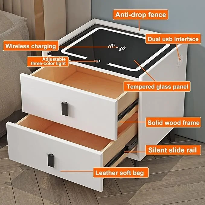 میز پاتختی هوشمند LIMOS با 2 کشو، میز کنار تختی مدرن با چراغ های LED قابل تنظیم، میز کنار تخت برای اتاق خواب و اتاق نشیمن، رویه میز شیشه ای سکوریت (سفید 2 کشو) میز پاتختی هوشمند LIMOS با 2 کشو، میز کنار تختی مدرن با چراغ های LED قابل تنظیم، میز کنار تخت برای اتاق خواب و اتاق نشیمن، رویه میز شیشه ای سکوریت (سفید 2 کشو)