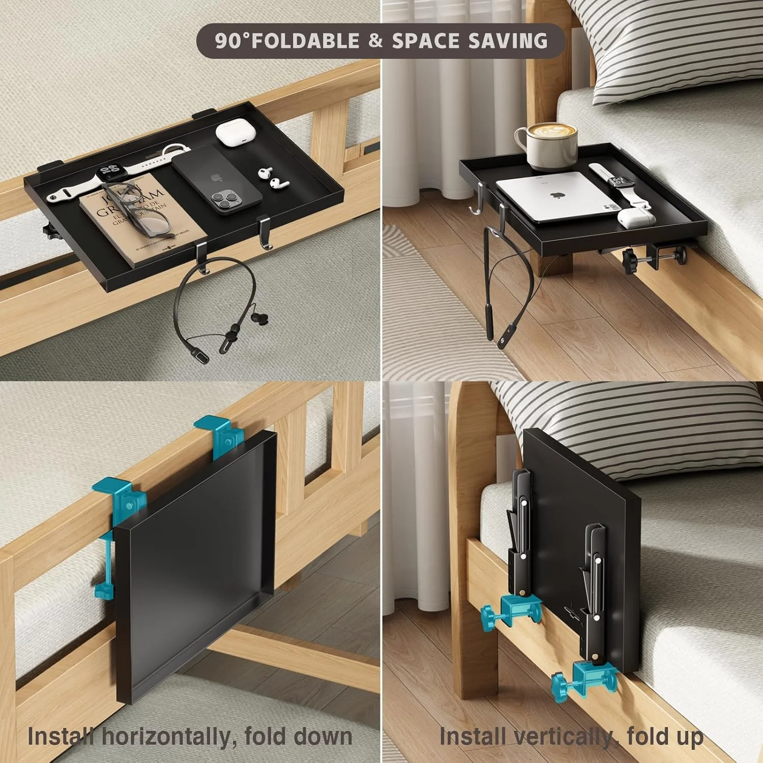 قفسه تاشو کنار تختی Magheo، قفسه فلزی گیره دار میز کنار تخت برای تخت خواب های دو طبقه، سینی میز کنار تخت سنگین برای لوازم ضروری اتاق خوابگاه دانشجویی، سینی سازمان دهنده میز کنار تخت اتاق زیر شیروانی با 3 سوراخ سیم (مشکی)