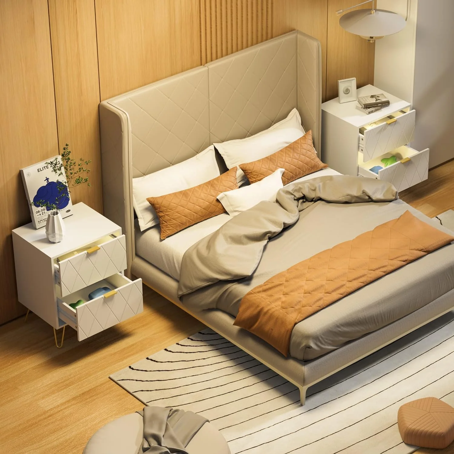 ست 2 عددی میز پاتختی سفید Lepdep، میز کنار تختی دوتایی، میز کنار تخت با 2 کشو، پاتختی دوتایی با پایه های فلزی برای اتاق خواب و اتاق نشیمن ست 2 عددی میز پاتختی سفید Lepdep، میز کنار تختی دوتایی، میز کنار تخت با 2 کشو، پاتختی دوتایی با پایه های فلزی برای اتاق خواب و اتاق نشیمن