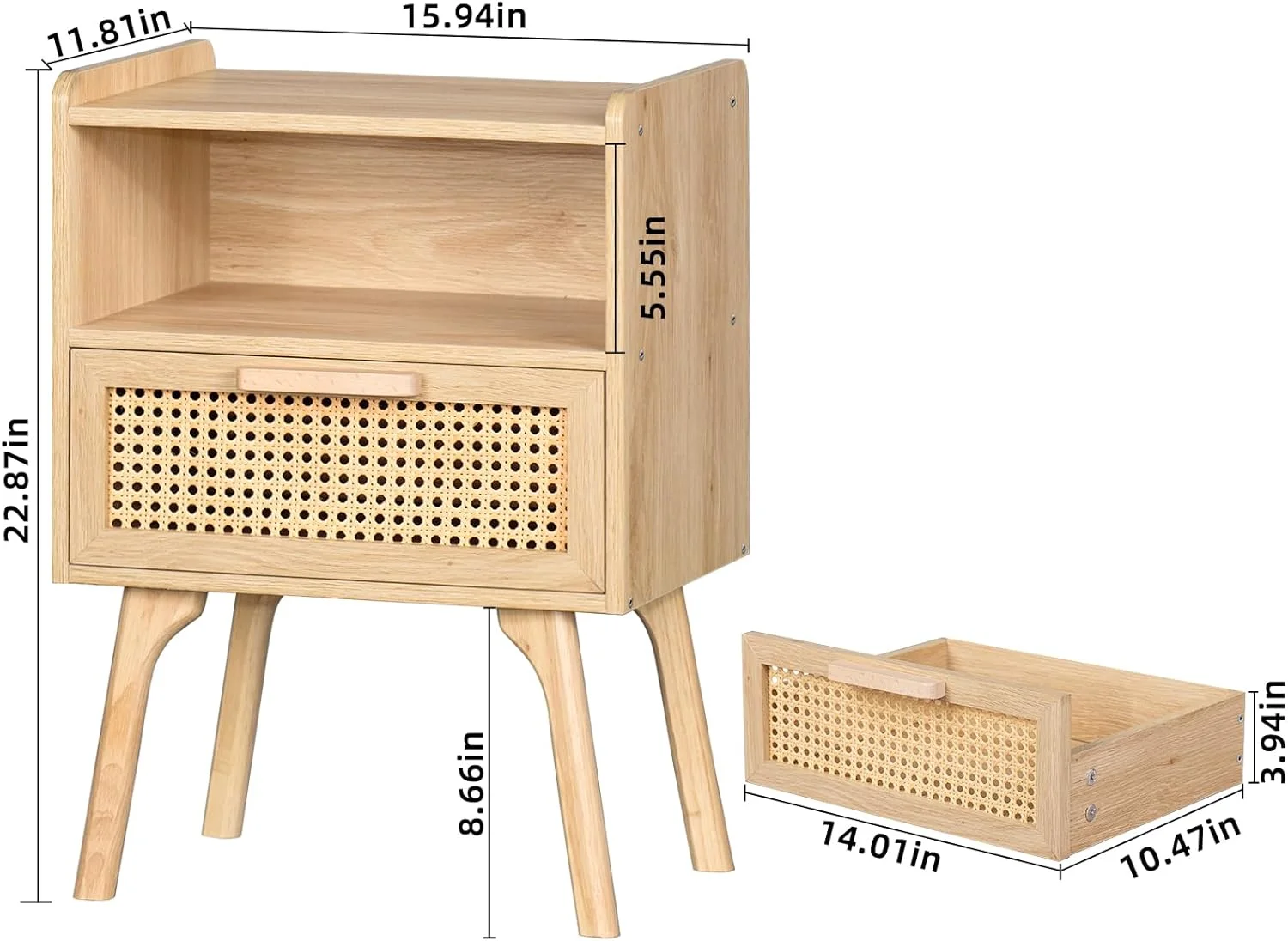 میز کنار تختی حصیری Lerliuo، میز عسلی بوهمی با کشو و قفسه باز، میز کنار تخت خواب با پایه های چوبی محکم برای اتاق خواب، خوابگاه و فضاهای کوچک (طبیعی)