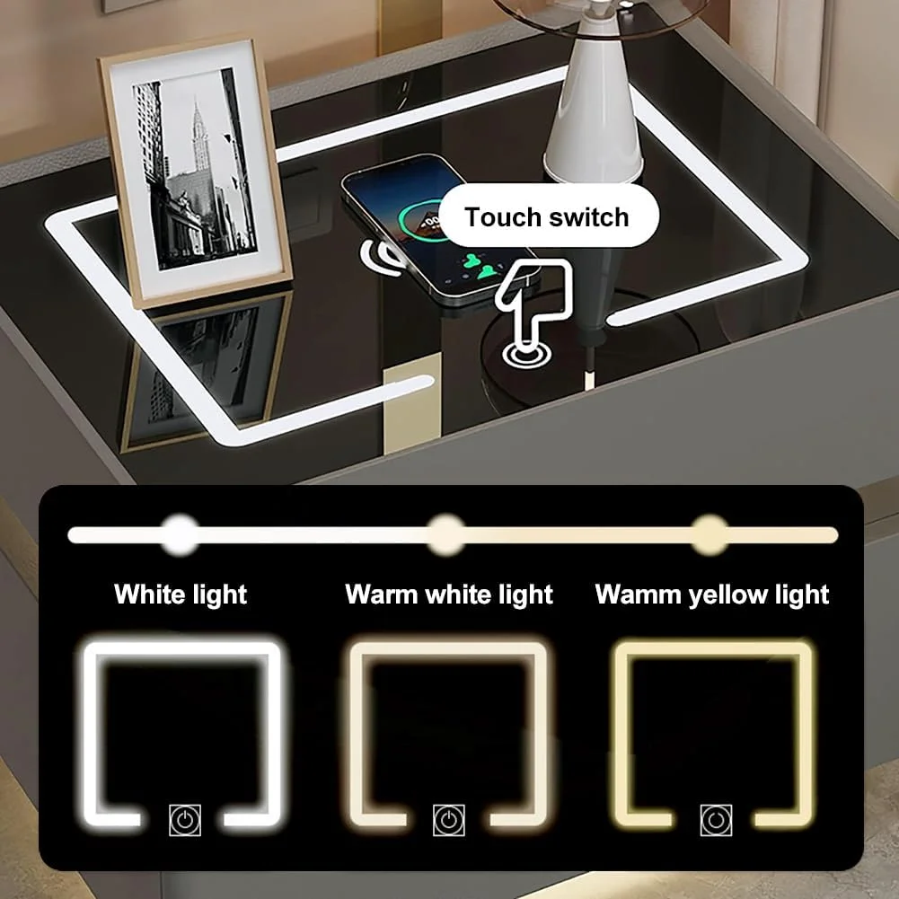 میز کنار تختی JUMEIYP با شارژ هوشمند، میز عسلی دو طبقه، میز کنار تختی چوبی با قفل ترکیبی و نور سه رنگ برای اتاق خواب، اتاق نشیمن، لابی میز کنار تختی JUMEIYP با شارژ هوشمند، میز عسلی دو طبقه، میز کنار تختی چوبی با قفل ترکیبی و نور سه رنگ برای اتاق خواب، اتاق نشیمن، لابی
