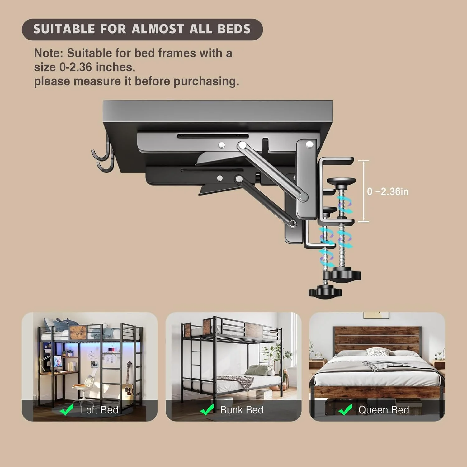 قفسه تاشو کنار تختی Magheo، قفسه فلزی گیره دار میز کنار تخت برای تخت خواب های دو طبقه، سینی میز کنار تخت سنگین برای لوازم ضروری اتاق خوابگاه دانشجویی، سینی سازمان دهنده میز کنار تخت اتاق زیر شیروانی با 3 سوراخ سیم (مشکی)