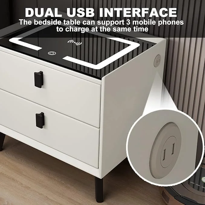 میز پاتختی هوشمند LIMOS با 2 کشو، میز کنار تختی مدرن با چراغ های LED قابل تنظیم، میز کنار تخت برای اتاق خواب و اتاق نشیمن، رویه میز شیشه ای سکوریت (سفید 2 کشو) میز پاتختی هوشمند LIMOS با 2 کشو، میز کنار تختی مدرن با چراغ های LED قابل تنظیم، میز کنار تخت برای اتاق خواب و اتاق نشیمن، رویه میز شیشه ای سکوریت (سفید 2 کشو)