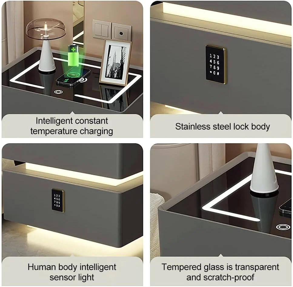میز کنار تختی JUMEIYP با شارژ هوشمند، میز عسلی دو طبقه، میز کنار تختی چوبی با قفل ترکیبی و نور سه رنگ برای اتاق خواب، اتاق نشیمن، لابی میز کنار تختی JUMEIYP با شارژ هوشمند، میز عسلی دو طبقه، میز کنار تختی چوبی با قفل ترکیبی و نور سه رنگ برای اتاق خواب، اتاق نشیمن، لابی