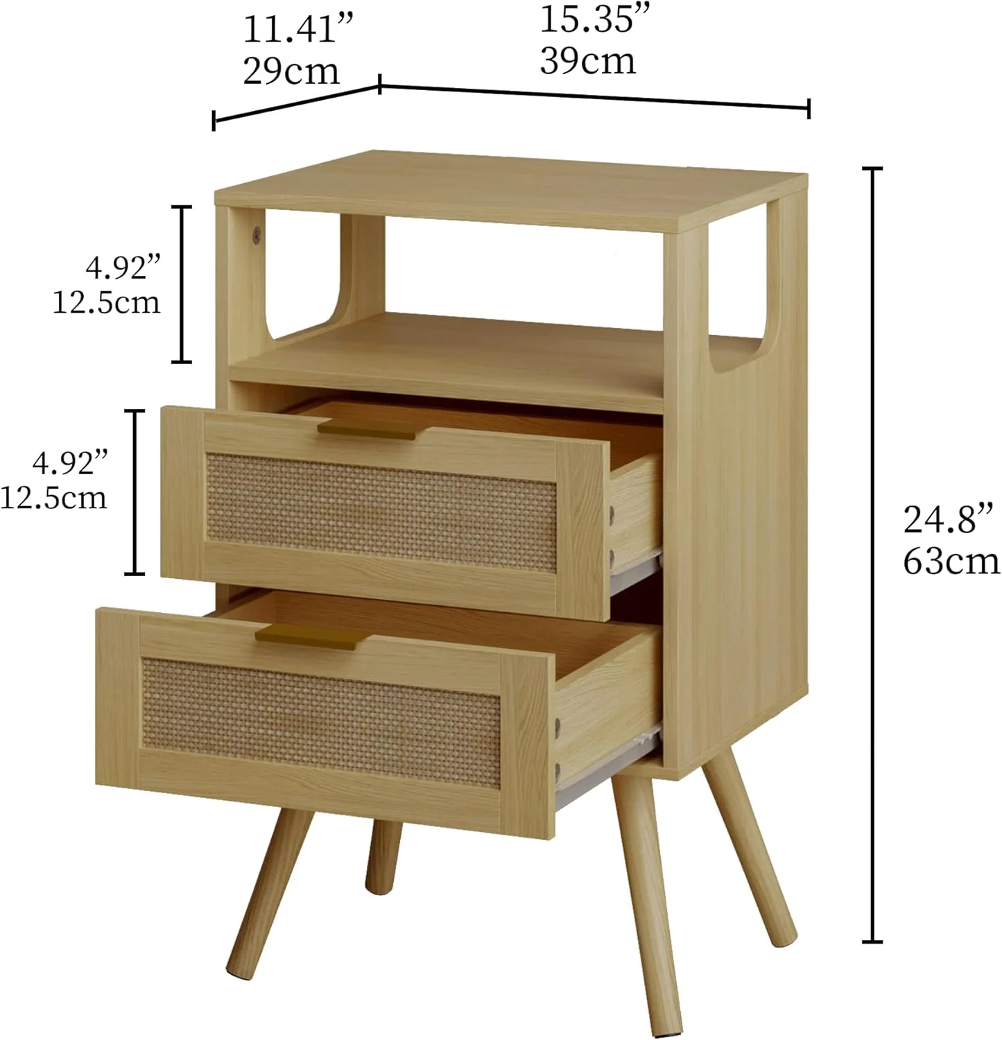 میز پاتختی راتان JOONEE، میز کنار تختی به سبک خانه روستایی با 2 کشو و قفسه چوبی باز، برای اتاق خواب و فضاهای کوچک، میز کنار تختی با پایه های چوبی محکم (بلوط زرد)