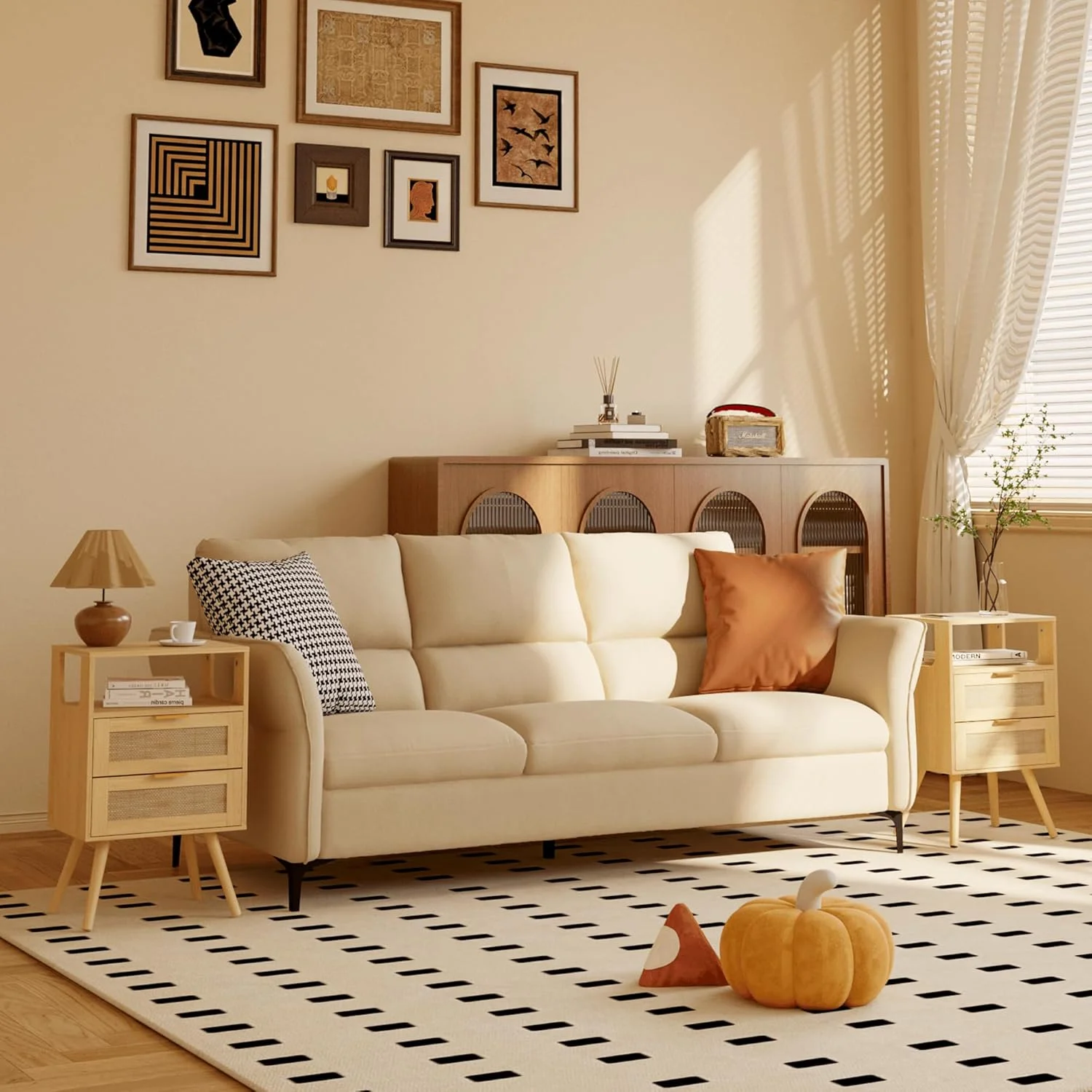 میز پاتختی راتان JOONEE، میز کنار تختی به سبک خانه روستایی با 2 کشو و قفسه چوبی باز، برای اتاق خواب و فضاهای کوچک، میز کنار تختی با پایه های چوبی محکم (بلوط زرد)