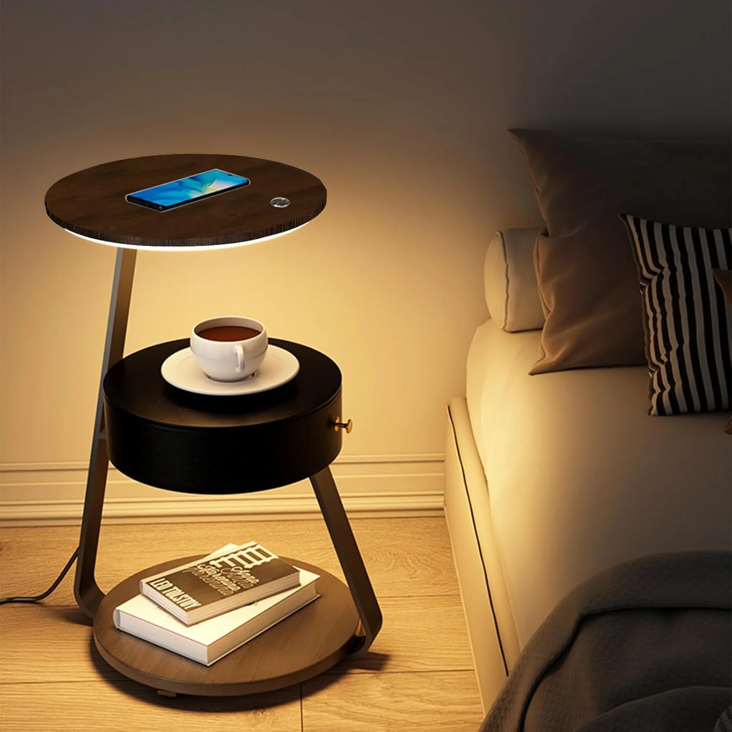 میز کنار تختی هوشمند HATAH با شارژ بیسیم، کنترل لمسی LED، کشو ذخیرهسازی، طراحی مدرن، ایدهآل برای اتاق خواب، اتاق نشیمن میز کنار تختی هوشمند HATAH با شارژ بیسیم، کنترل لمسی LED، کشو ذخیرهسازی، طراحی مدرن، ایدهآل برای اتاق خواب، اتاق نشیمن