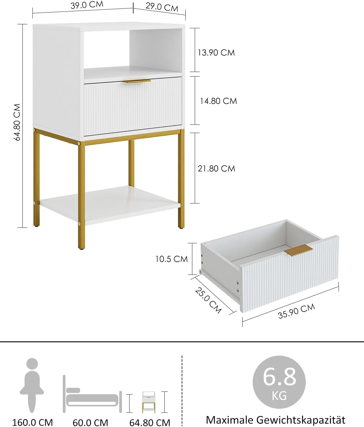 میز کنار تختی HEYZOEY با قاب طلایی، مبلمان میز کنار تختی، میز عسلی 3 طبقه، میز جانبی برای اتاق خواب، اتاق نشیمن، سفید