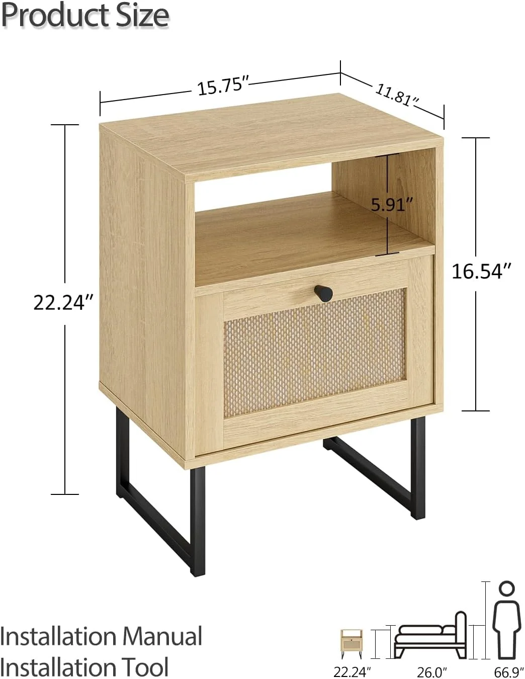 میز کنار تختی بوهو HEYZOEY، میز کنار تختی حصیری کوچک، میز کنار تختی چوبی با کشو و قفسه بلوط، میز عسلی برای اتاق خواب، اتاق نشیمن، دفتر کار (حصیر بلوطی)