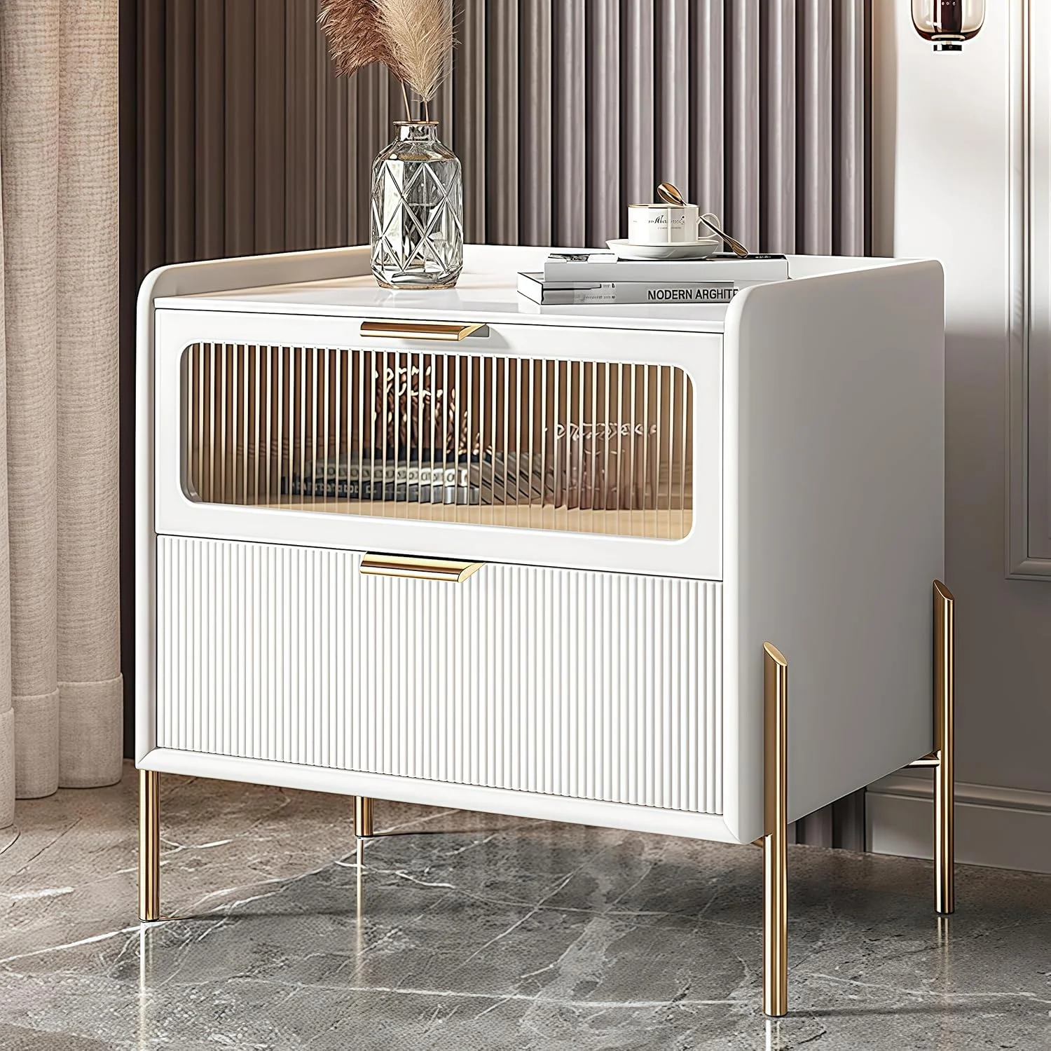 میز پاتختی جومیلا، میز کنار تختی کوچک با 2 کشو، میز کنار تختی مدرن سفید راه راه اواسط قرن، میز قهوه خوری با پایه های فلزی طلایی (سفید، 50x48x40 سانتی متر) میز پاتختی جومیلا، میز کنار تختی کوچک با 2 کشو، میز کنار تختی مدرن سفید راه راه اواسط قرن، میز قهوه خوری با پایه های فلزی طلایی (سفید، 50x48x40 سانتی متر)