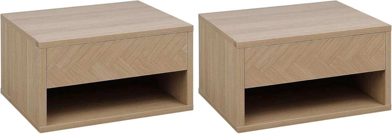ست 2 عددی میز کنار تختی شناور HOMCOM، میز شب دیواری با کشو و قفسه باز برای اتاق خواب، رنگ طبیعی ست 2 عددی میز کنار تختی شناور HOMCOM، میز شب دیواری با کشو و قفسه باز برای اتاق خواب، رنگ طبیعی