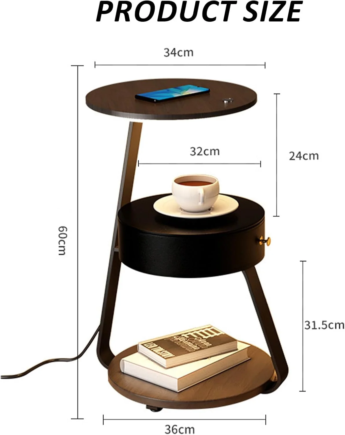 میز کنار تختی هوشمند HATAH با شارژ بی‌سیم، کنترل لمسی LED، کشو ذخیره‌سازی، طراحی مدرن، ایده‌آل برای اتاق خواب، اتاق نشیمن