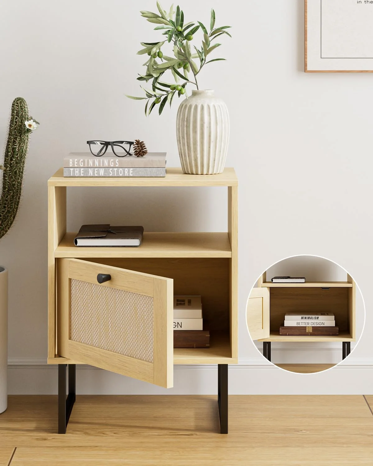 میز کنار تختی بوهو HEYZOEY، میز کنار تختی حصیری کوچک، میز کنار تختی چوبی با کشو و قفسه بلوط، میز عسلی برای اتاق خواب، اتاق نشیمن، دفتر کار (حصیر بلوطی)