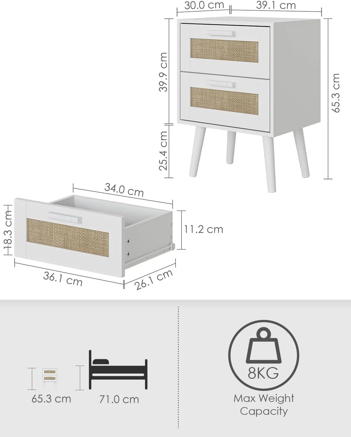 میز پاتختی حصیری HEYZOEY با کشو، میز کنار تختی با پایه های چوبی برای اتاق خواب، اتاق نشیمن (سفید - 2 کشو)