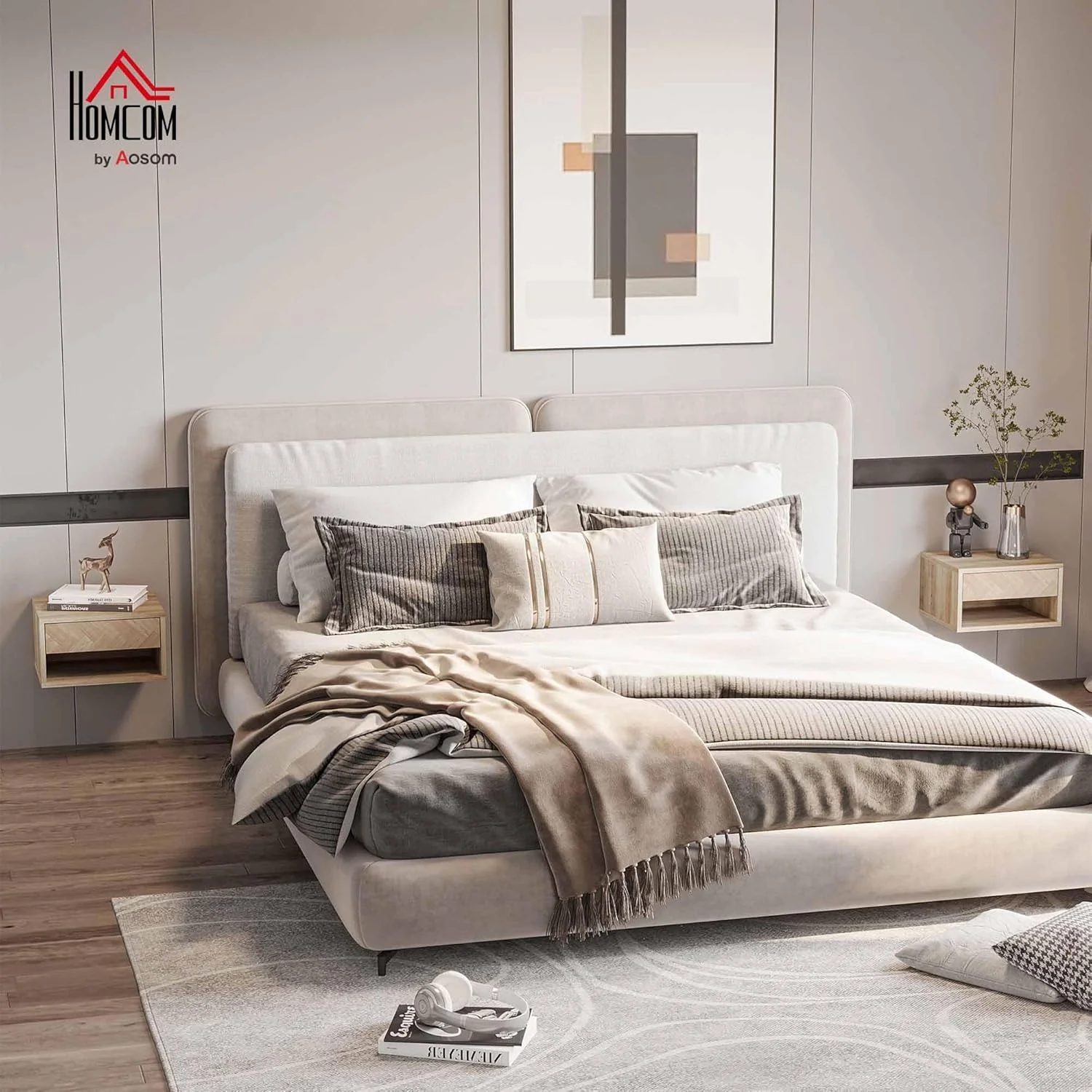 ست 2 عددی میز کنار تختی شناور HOMCOM، میز شب دیواری با کشو و قفسه باز برای اتاق خواب، رنگ طبیعی